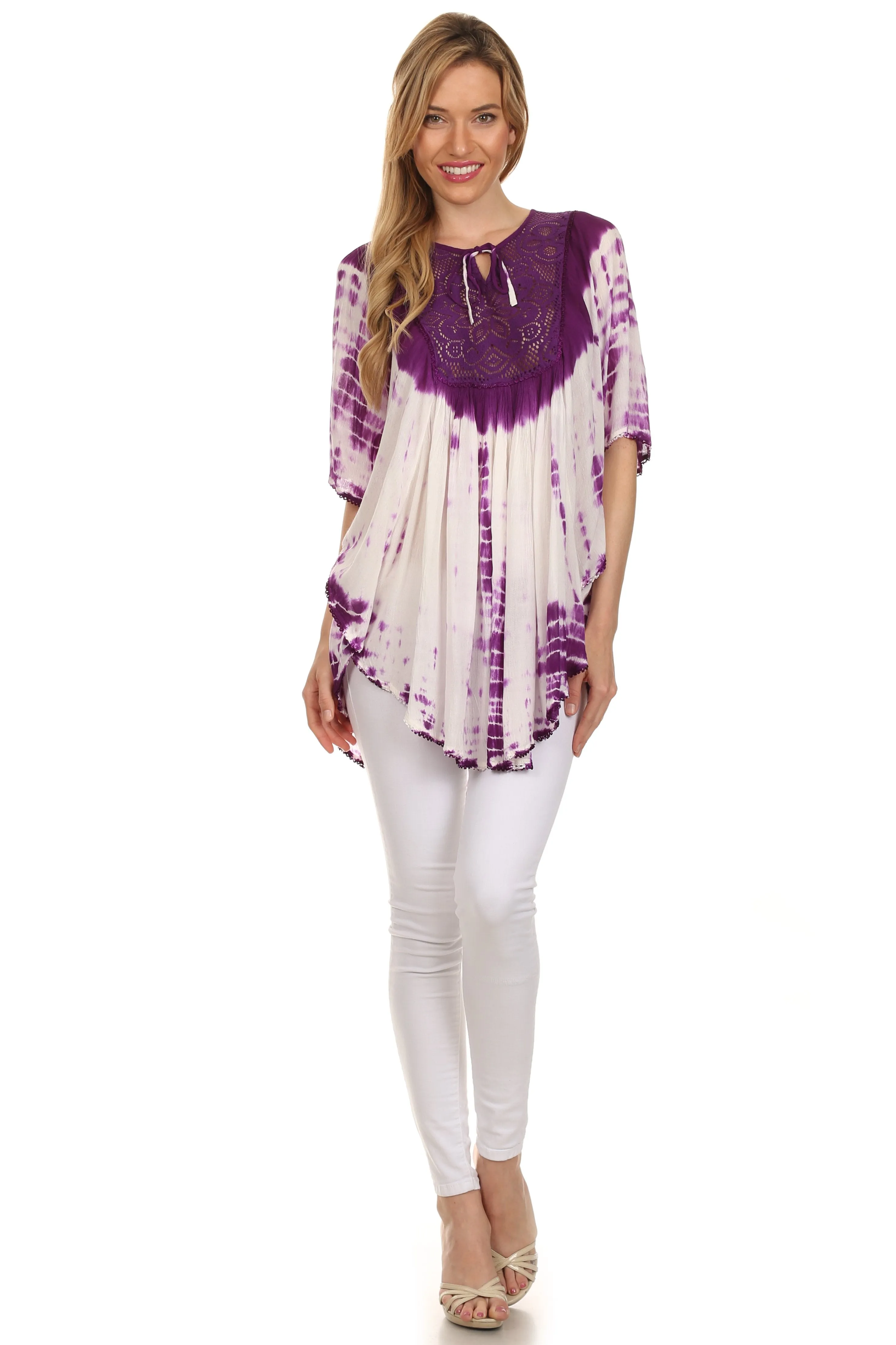 Sakkas Ragini Tie Dye  Lace Accent Delicate Embroidered Poncho Top / Cover Up