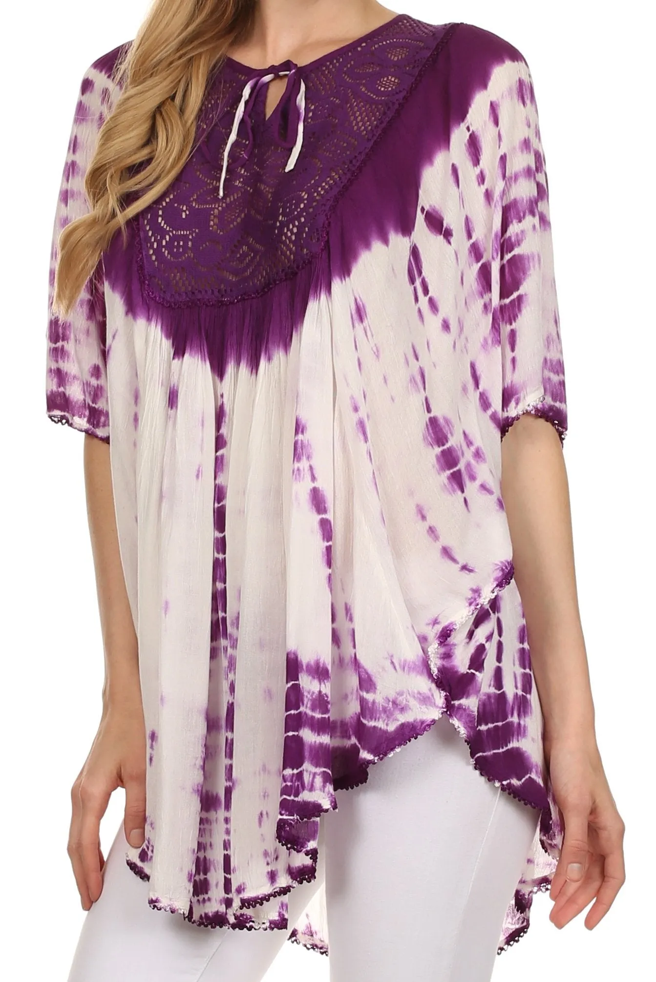 Sakkas Ragini Tie Dye  Lace Accent Delicate Embroidered Poncho Top / Cover Up