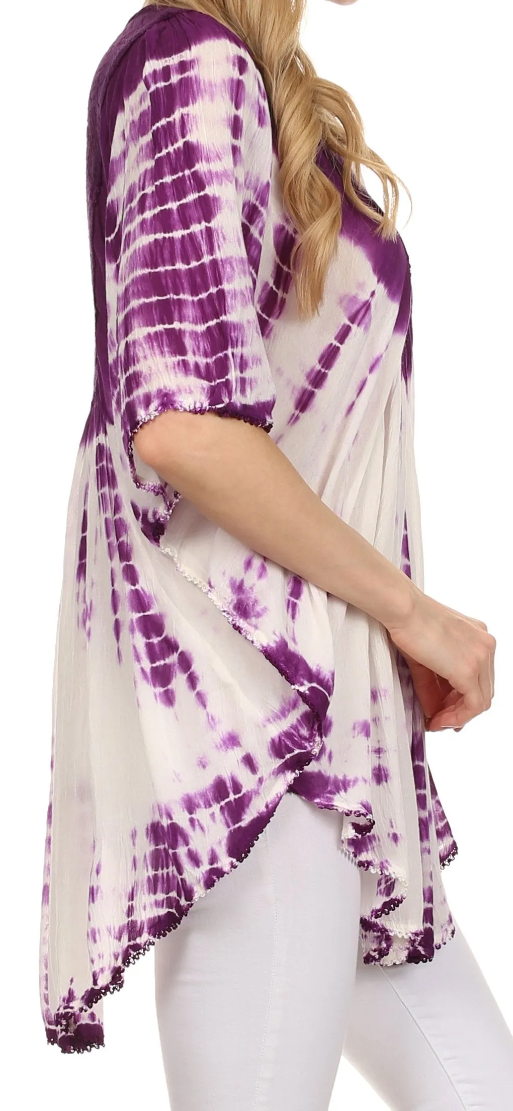 Sakkas Ragini Tie Dye  Lace Accent Delicate Embroidered Poncho Top / Cover Up