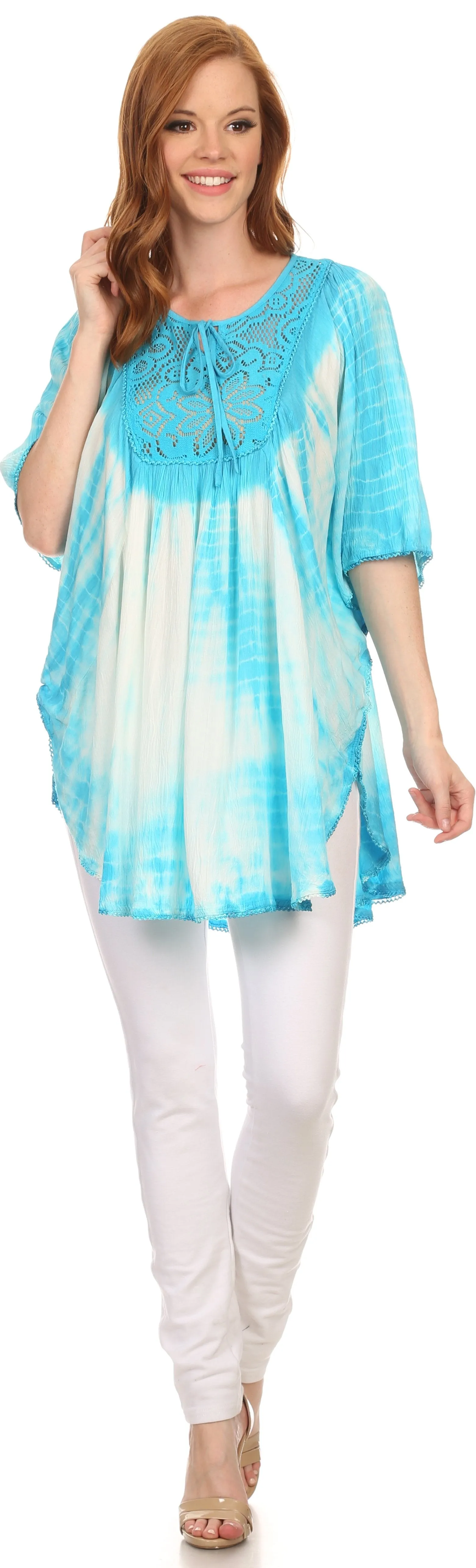 Sakkas Ragini Tie Dye  Lace Accent Delicate Embroidered Poncho Top / Cover Up