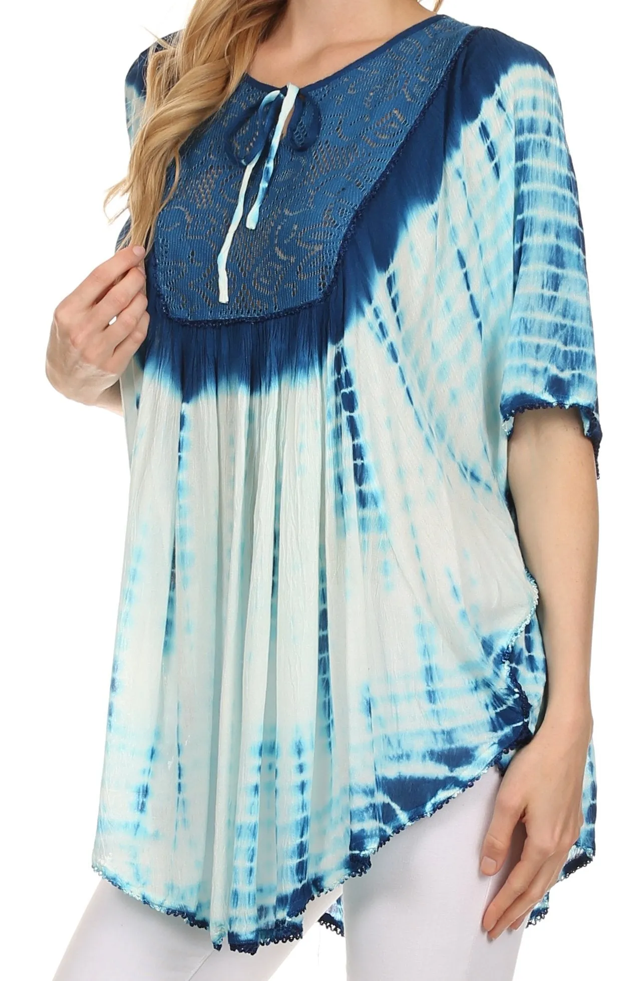 Sakkas Ragini Tie Dye  Lace Accent Delicate Embroidered Poncho Top / Cover Up