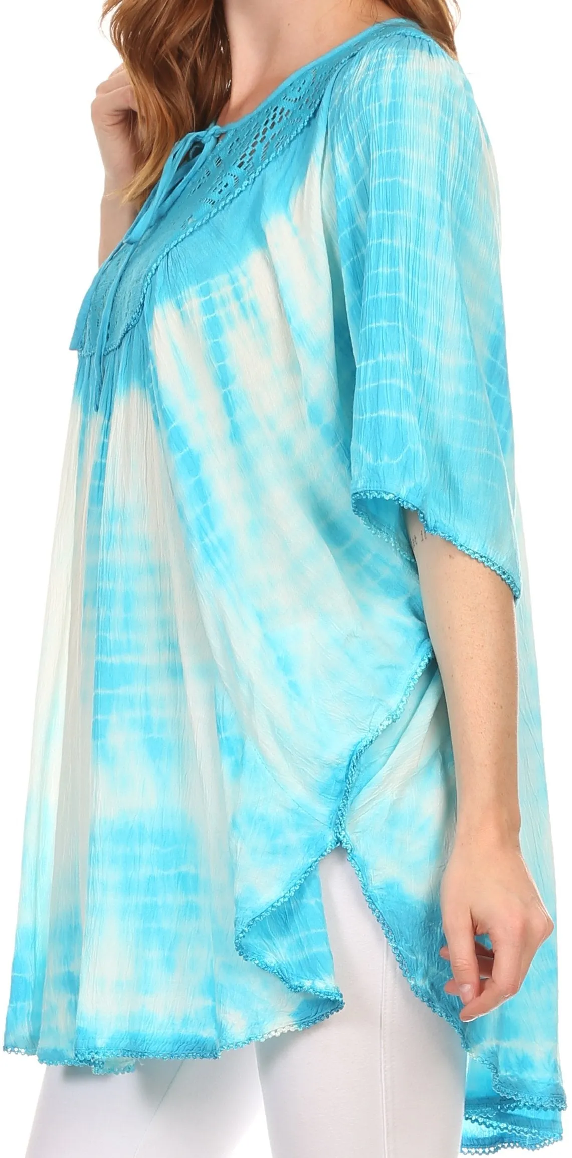 Sakkas Ragini Tie Dye  Lace Accent Delicate Embroidered Poncho Top / Cover Up