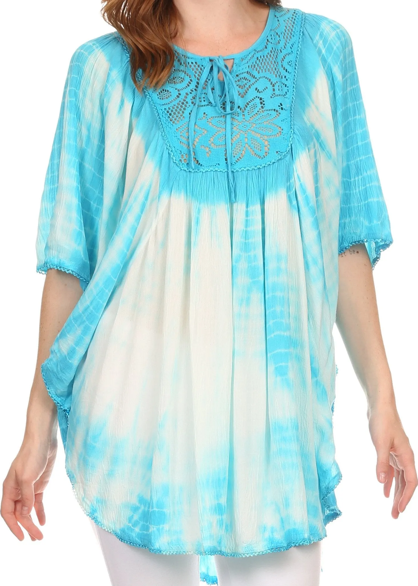 Sakkas Ragini Tie Dye  Lace Accent Delicate Embroidered Poncho Top / Cover Up