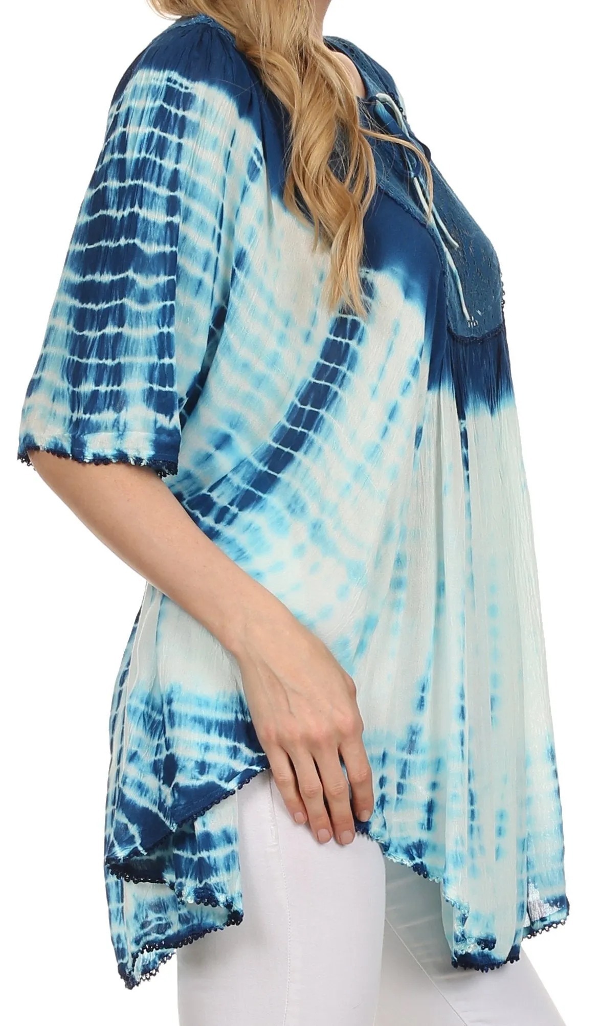 Sakkas Ragini Tie Dye  Lace Accent Delicate Embroidered Poncho Top / Cover Up