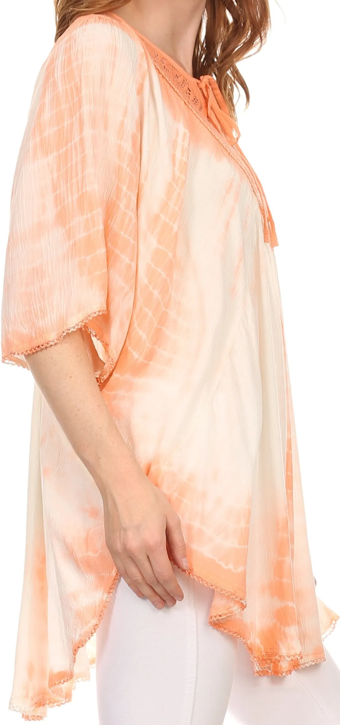 Sakkas Ragini Tie Dye  Lace Accent Delicate Embroidered Poncho Top / Cover Up