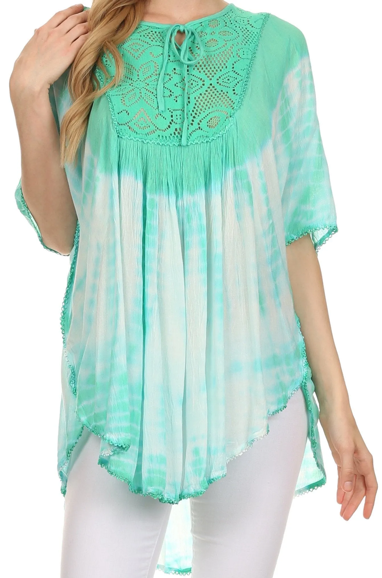 Sakkas Ragini Tie Dye  Lace Accent Delicate Embroidered Poncho Top / Cover Up