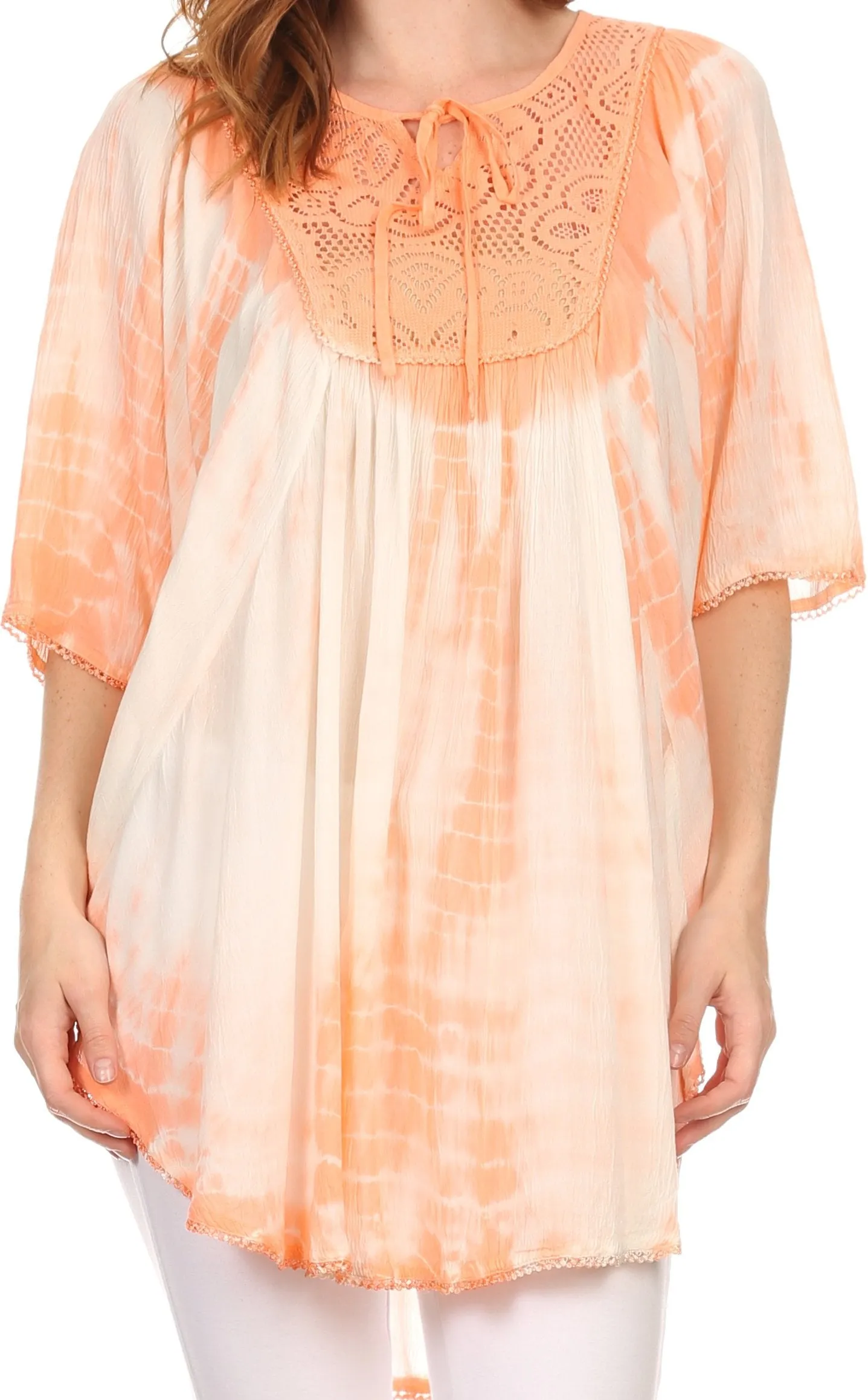 Sakkas Ragini Tie Dye  Lace Accent Delicate Embroidered Poncho Top / Cover Up