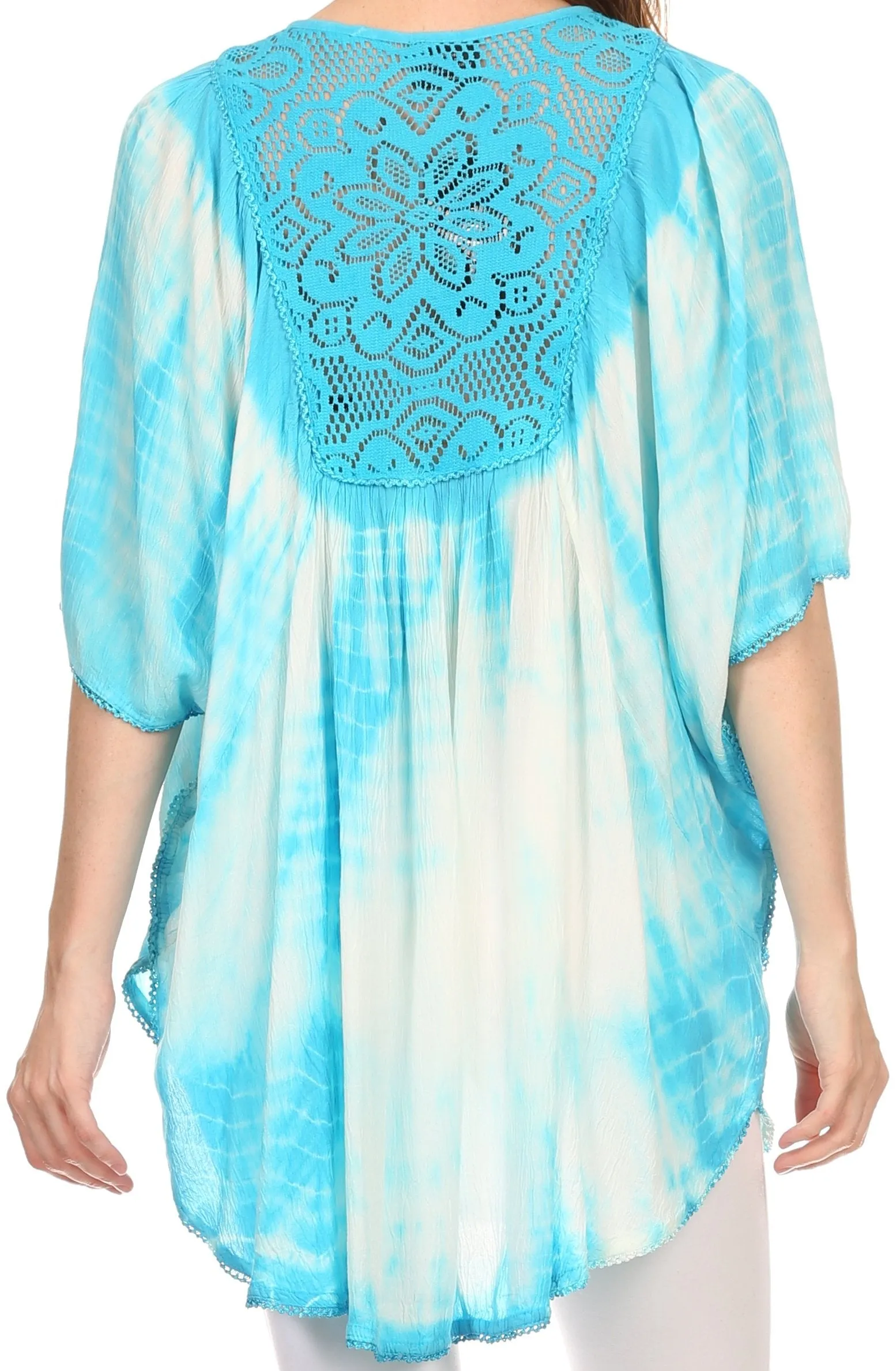 Sakkas Ragini Tie Dye  Lace Accent Delicate Embroidered Poncho Top / Cover Up