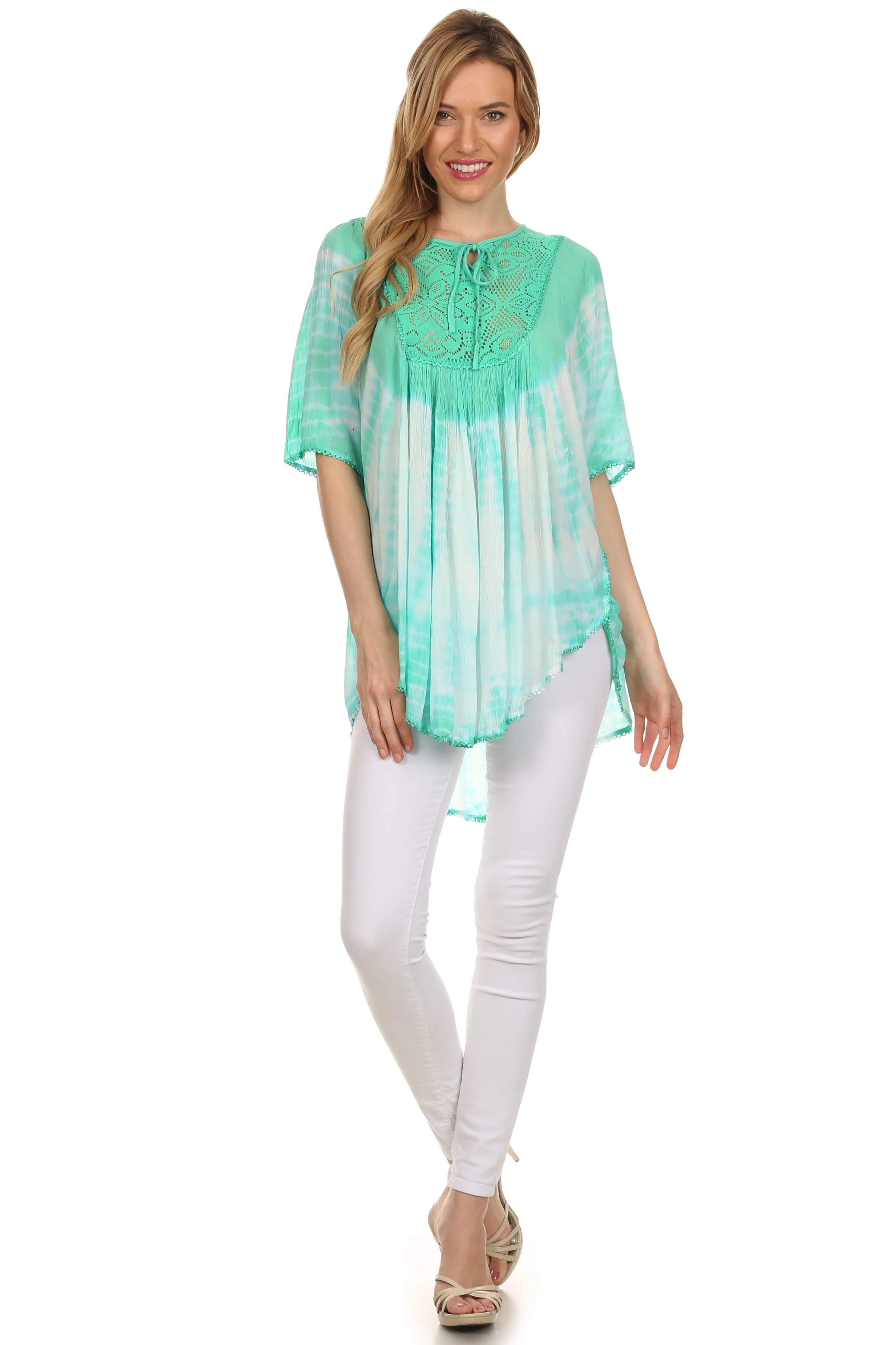 Sakkas Ragini Tie Dye  Lace Accent Delicate Embroidered Poncho Top / Cover Up