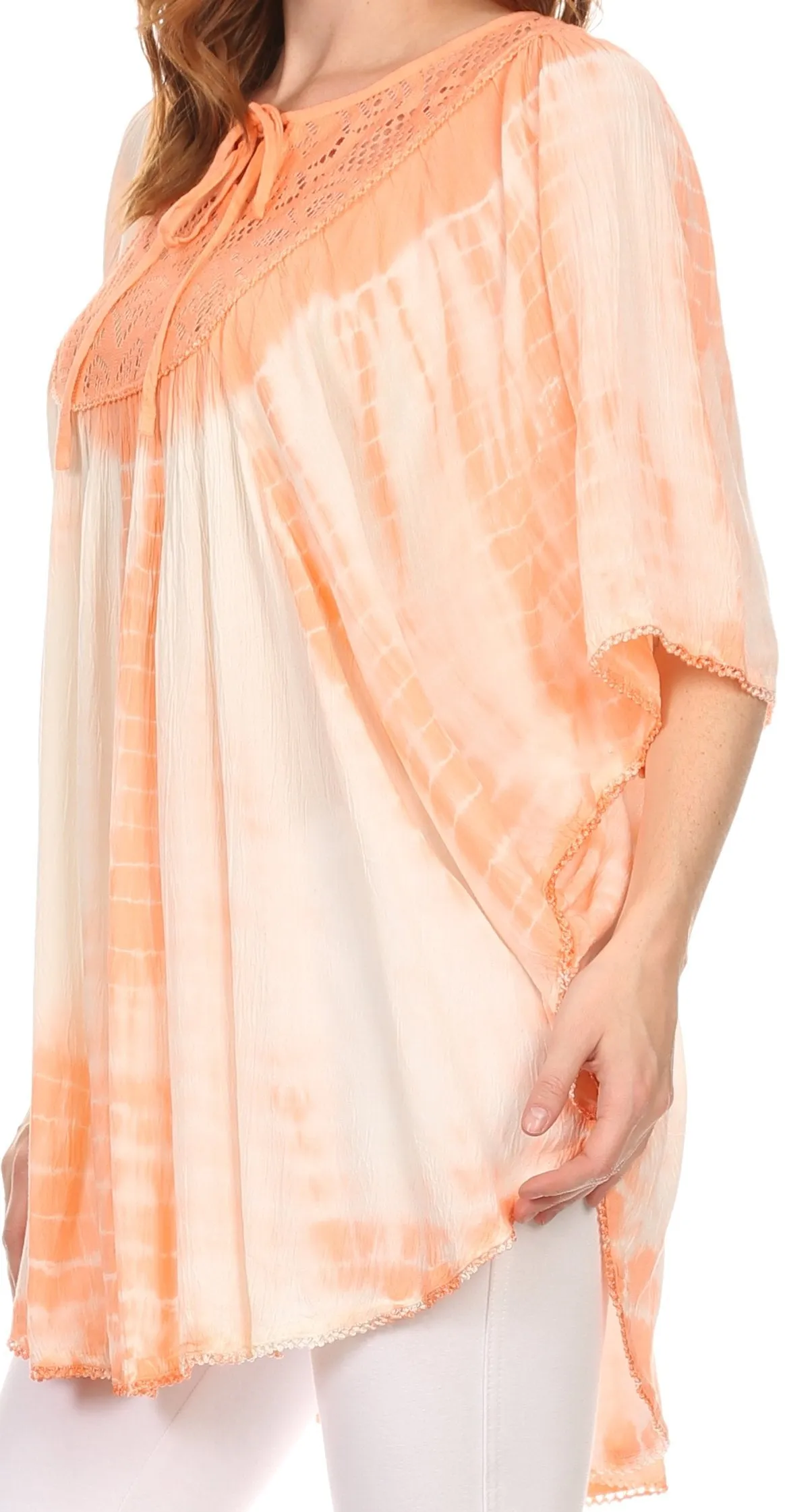 Sakkas Ragini Tie Dye  Lace Accent Delicate Embroidered Poncho Top / Cover Up