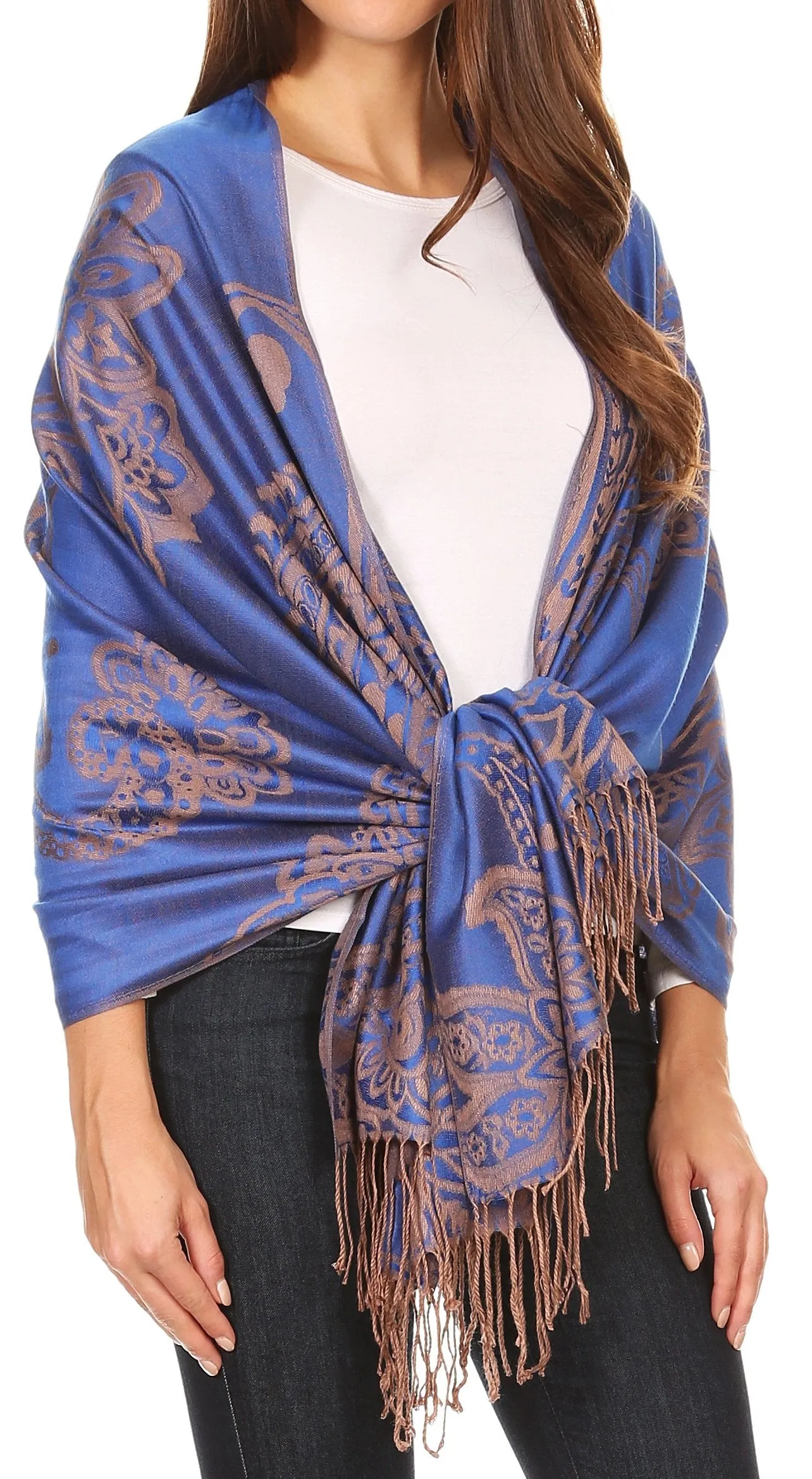 Sakkas Sarah Reversible Silky Soft Brocade Scarf Shawl Stole with Fringe