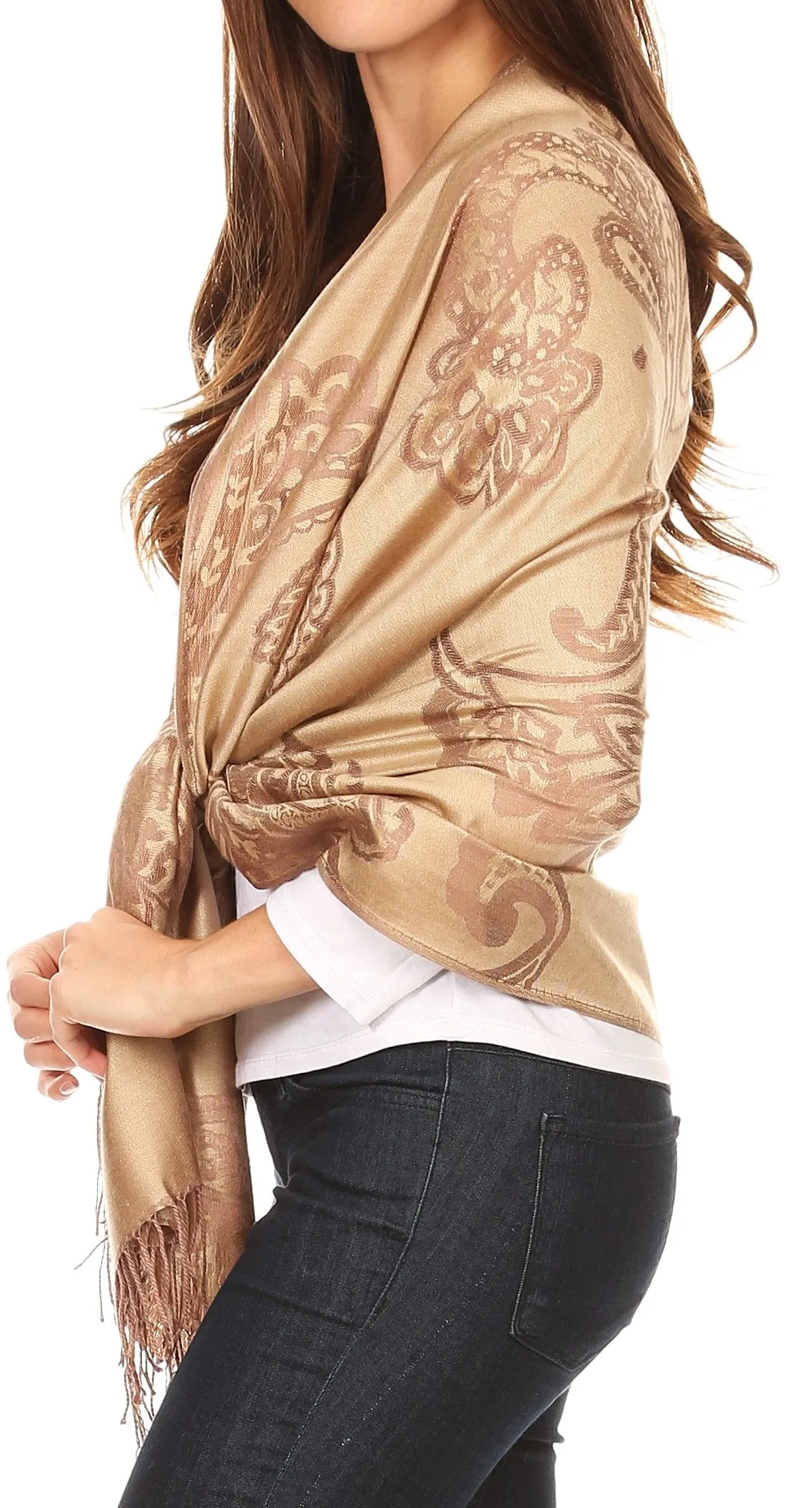 Sakkas Sarah Reversible Silky Soft Brocade Scarf Shawl Stole with Fringe