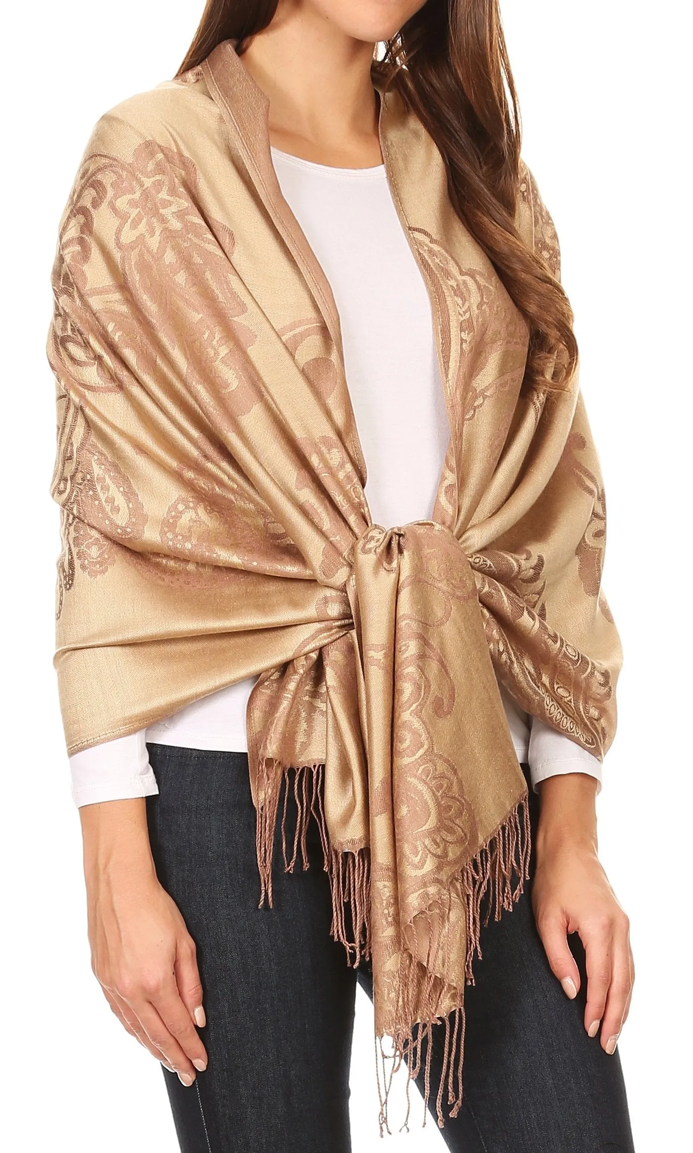 Sakkas Sarah Reversible Silky Soft Brocade Scarf Shawl Stole with Fringe