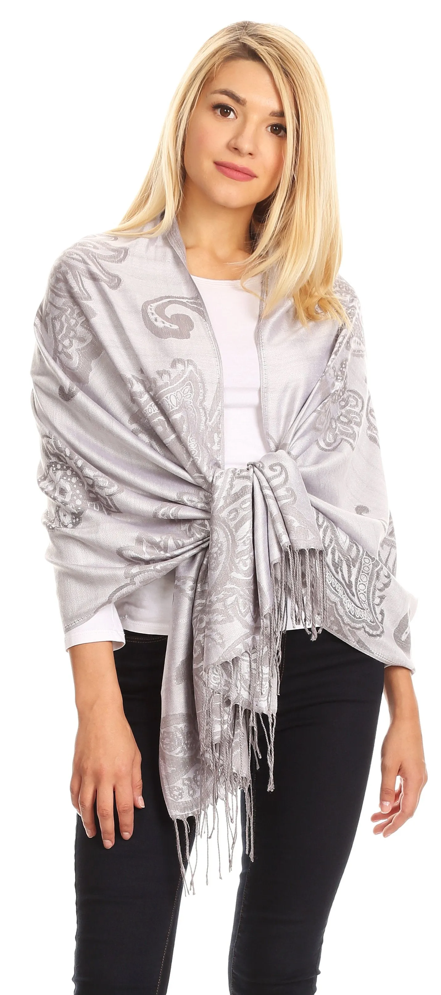 Sakkas Sarah Reversible Silky Soft Brocade Scarf Shawl Stole with Fringe