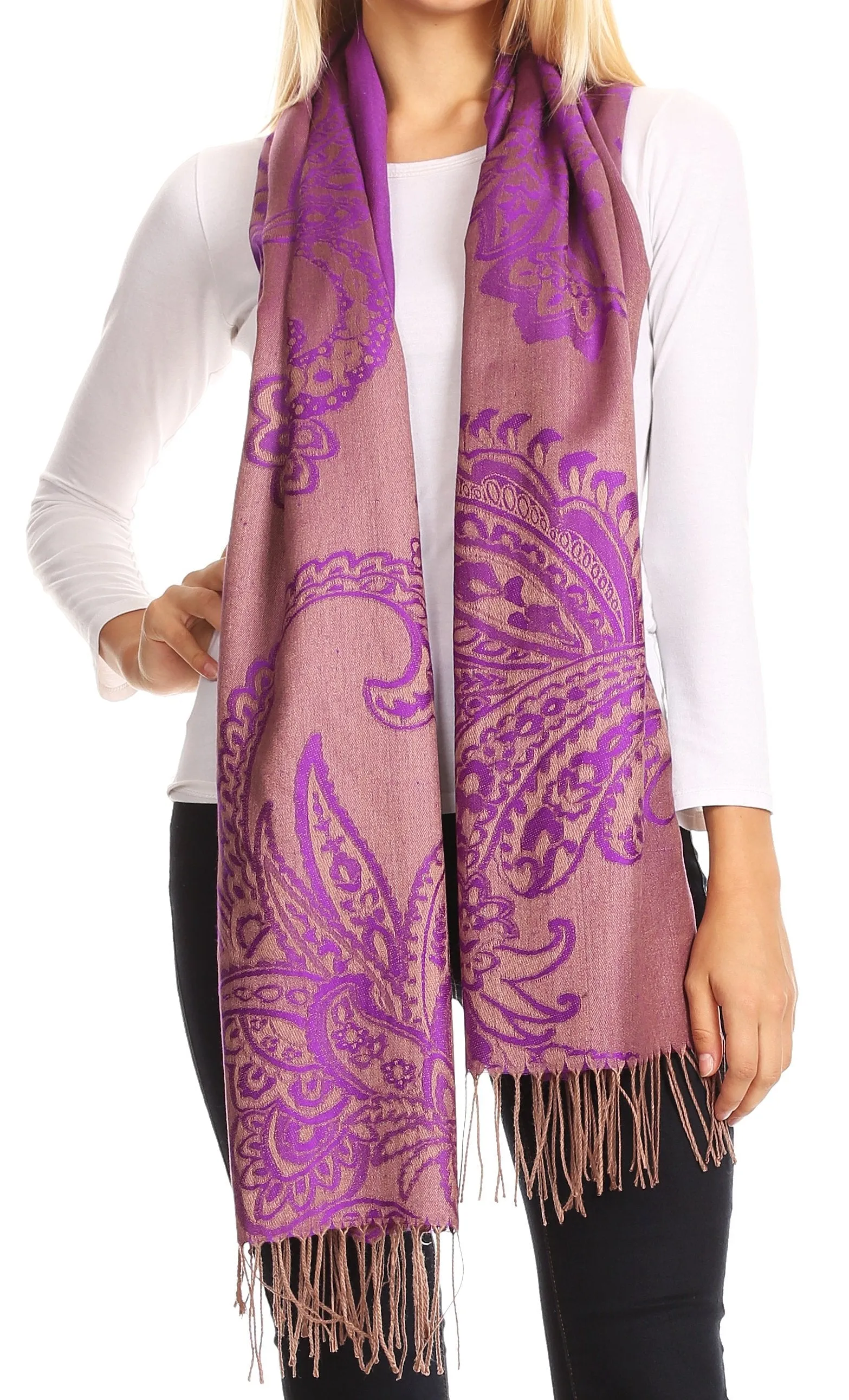 Sakkas Sarah Reversible Silky Soft Brocade Scarf Shawl Stole with Fringe