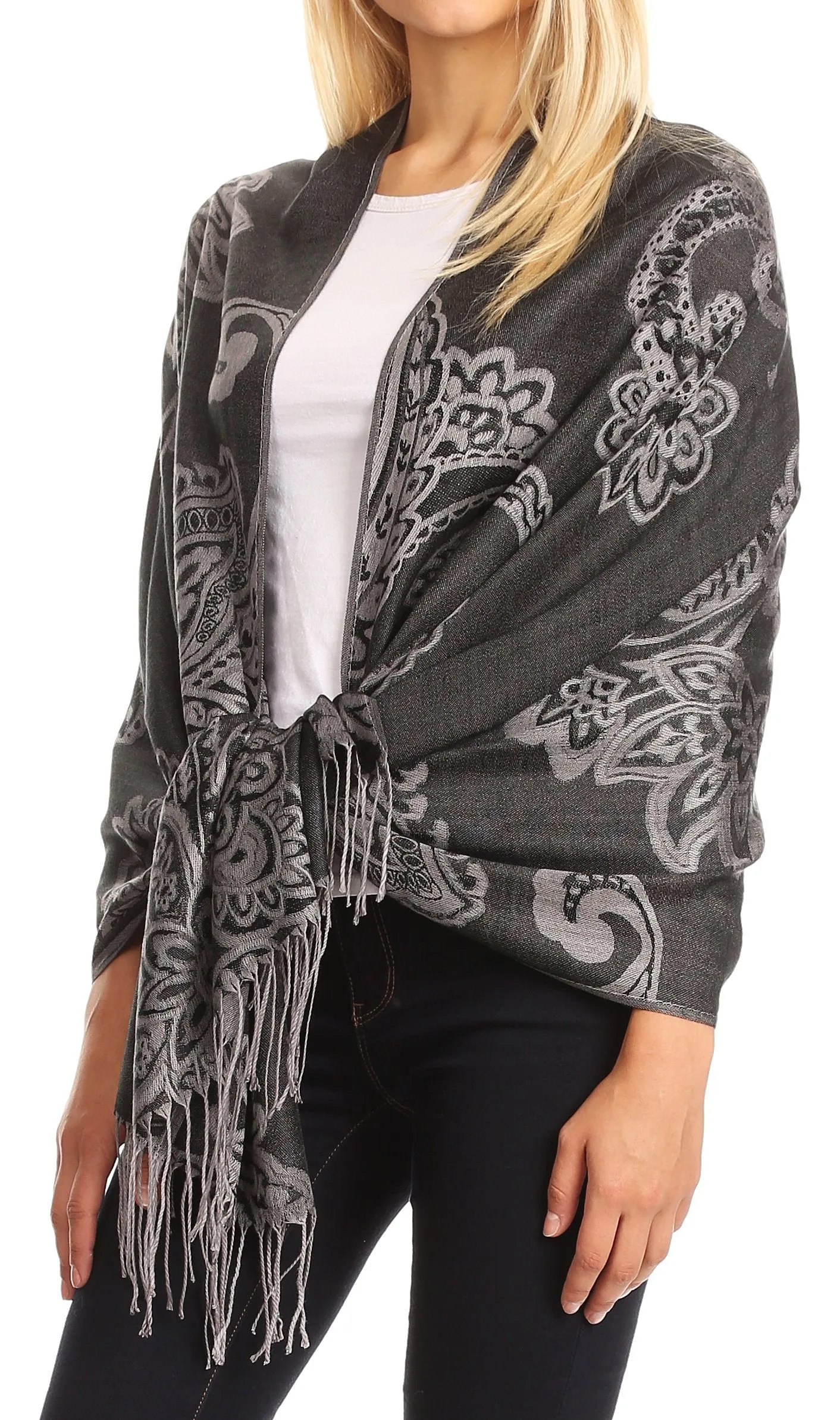 Sakkas Sarah Reversible Silky Soft Brocade Scarf Shawl Stole with Fringe