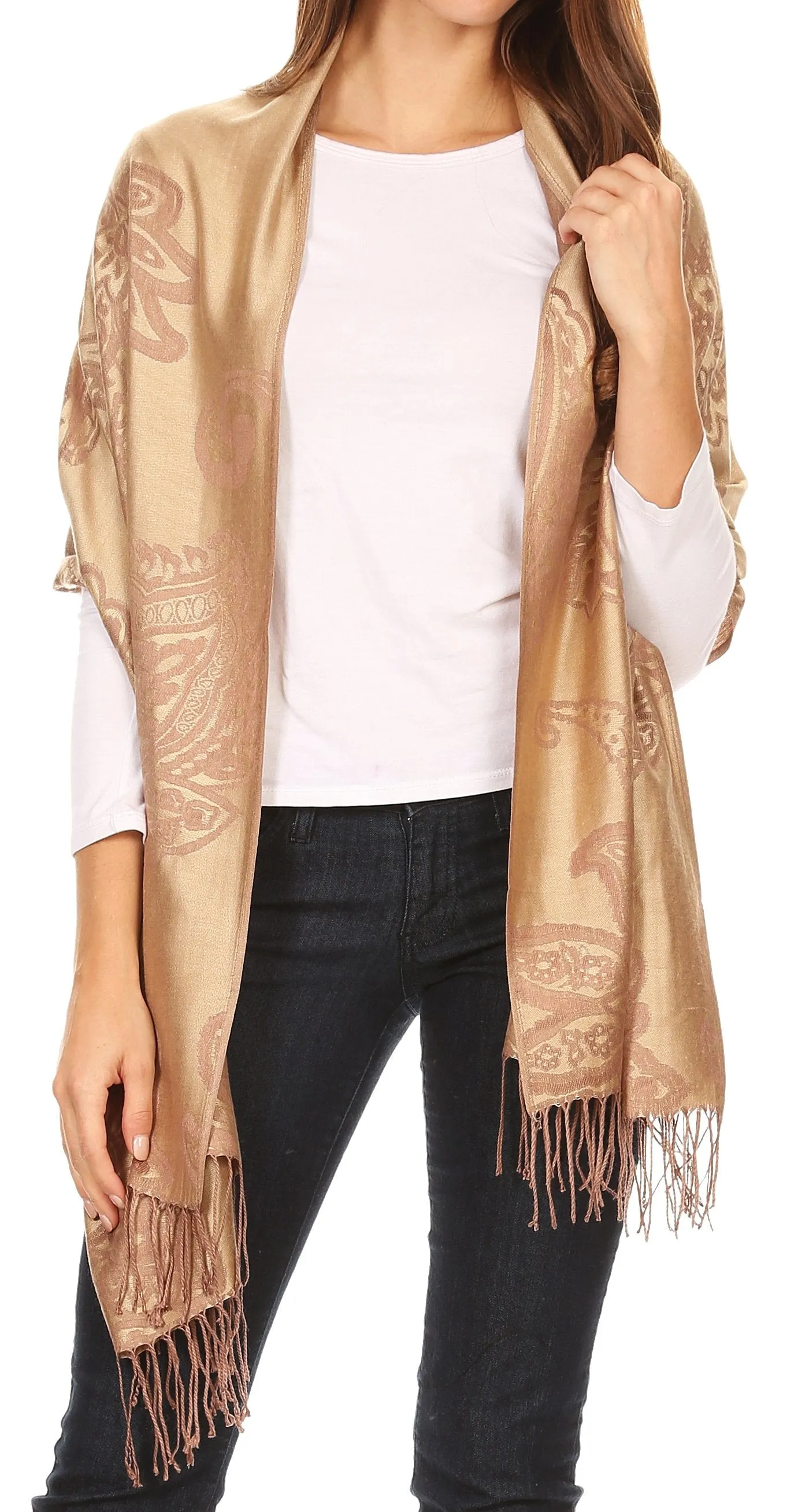 Sakkas Sarah Reversible Silky Soft Brocade Scarf Shawl Stole with Fringe