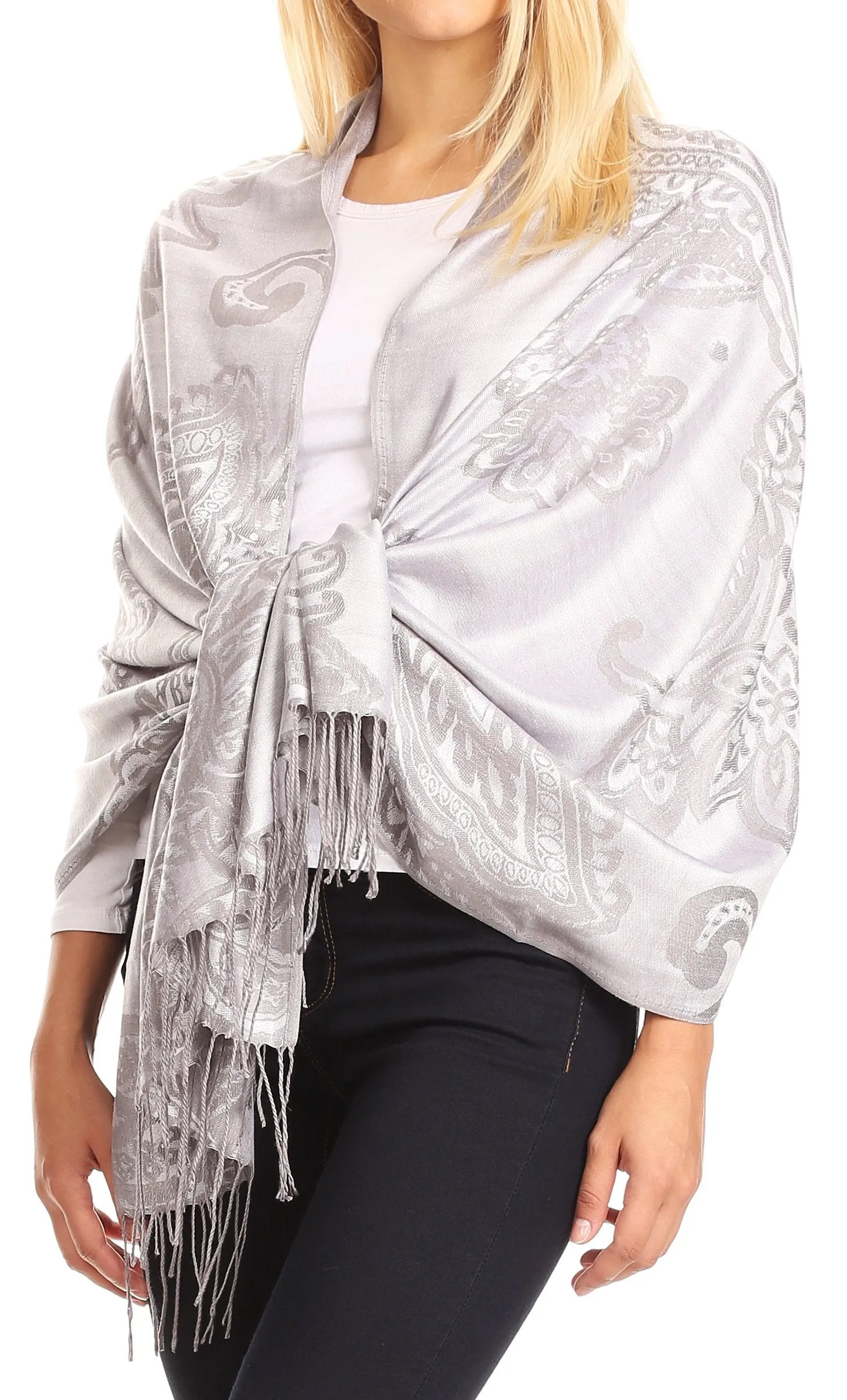 Sakkas Sarah Reversible Silky Soft Brocade Scarf Shawl Stole with Fringe