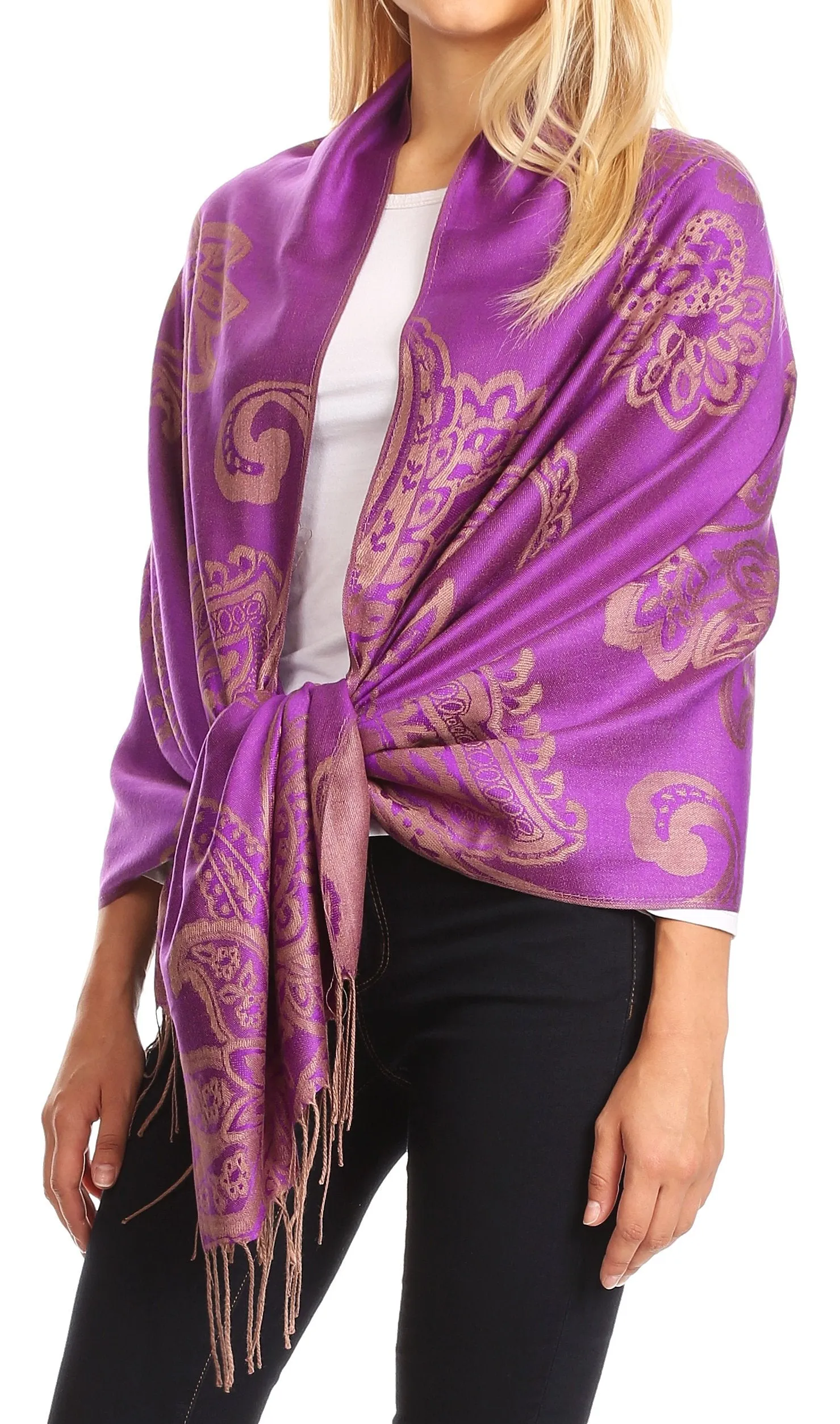 Sakkas Sarah Reversible Silky Soft Brocade Scarf Shawl Stole with Fringe