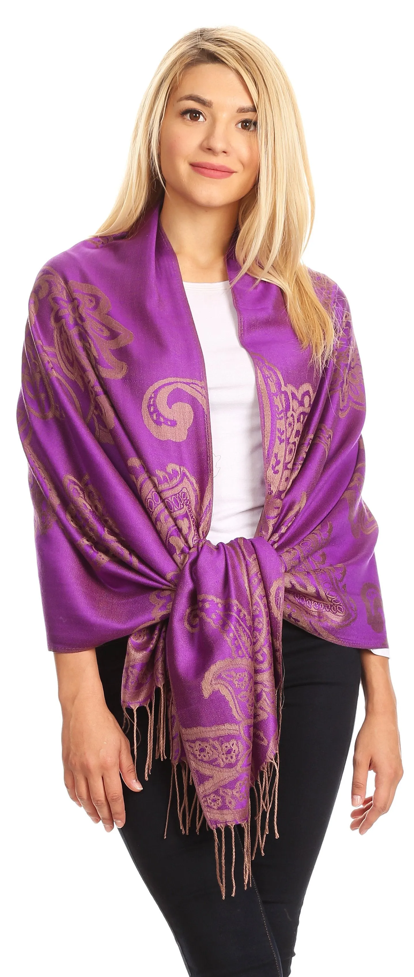 Sakkas Sarah Reversible Silky Soft Brocade Scarf Shawl Stole with Fringe