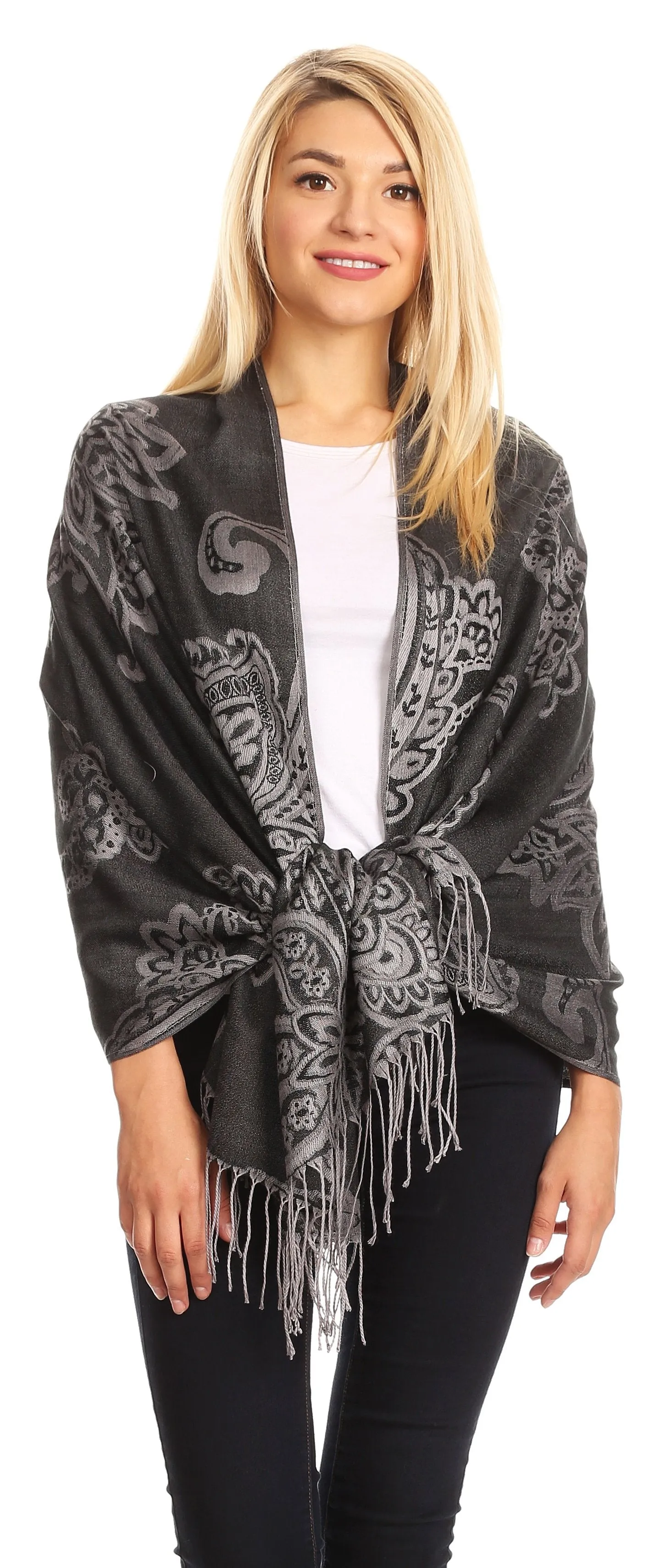 Sakkas Sarah Reversible Silky Soft Brocade Scarf Shawl Stole with Fringe