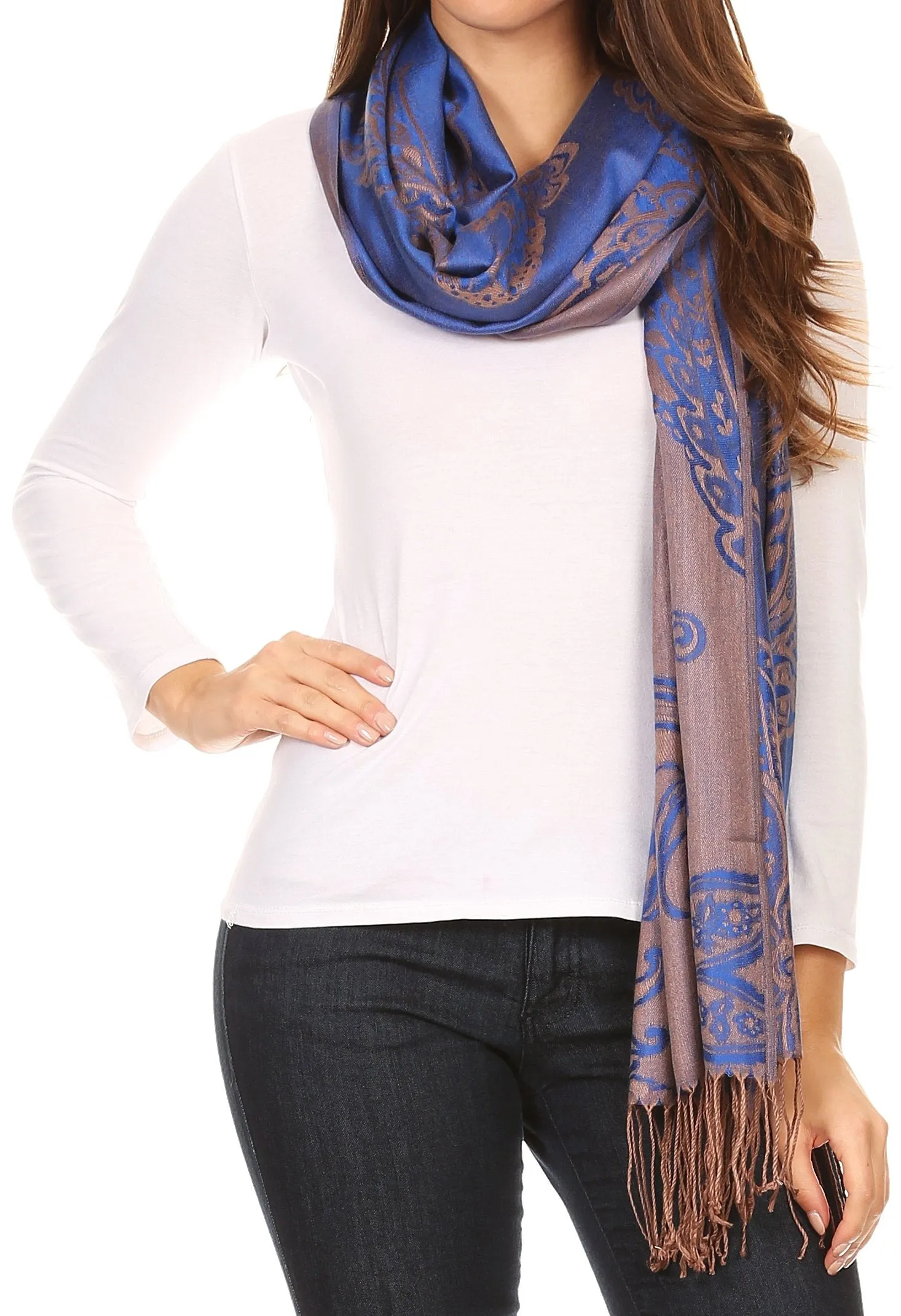 Sakkas Sarah Reversible Silky Soft Brocade Scarf Shawl Stole with Fringe