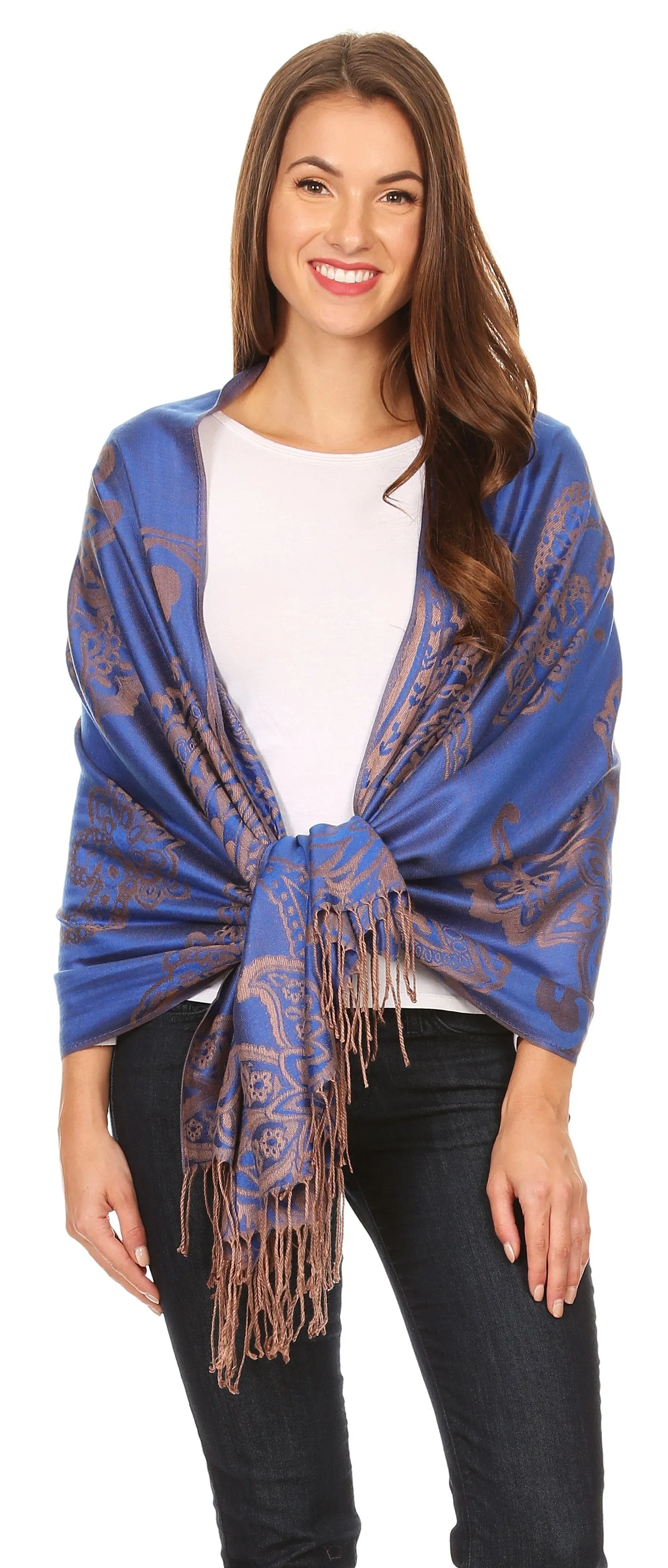 Sakkas Sarah Reversible Silky Soft Brocade Scarf Shawl Stole with Fringe