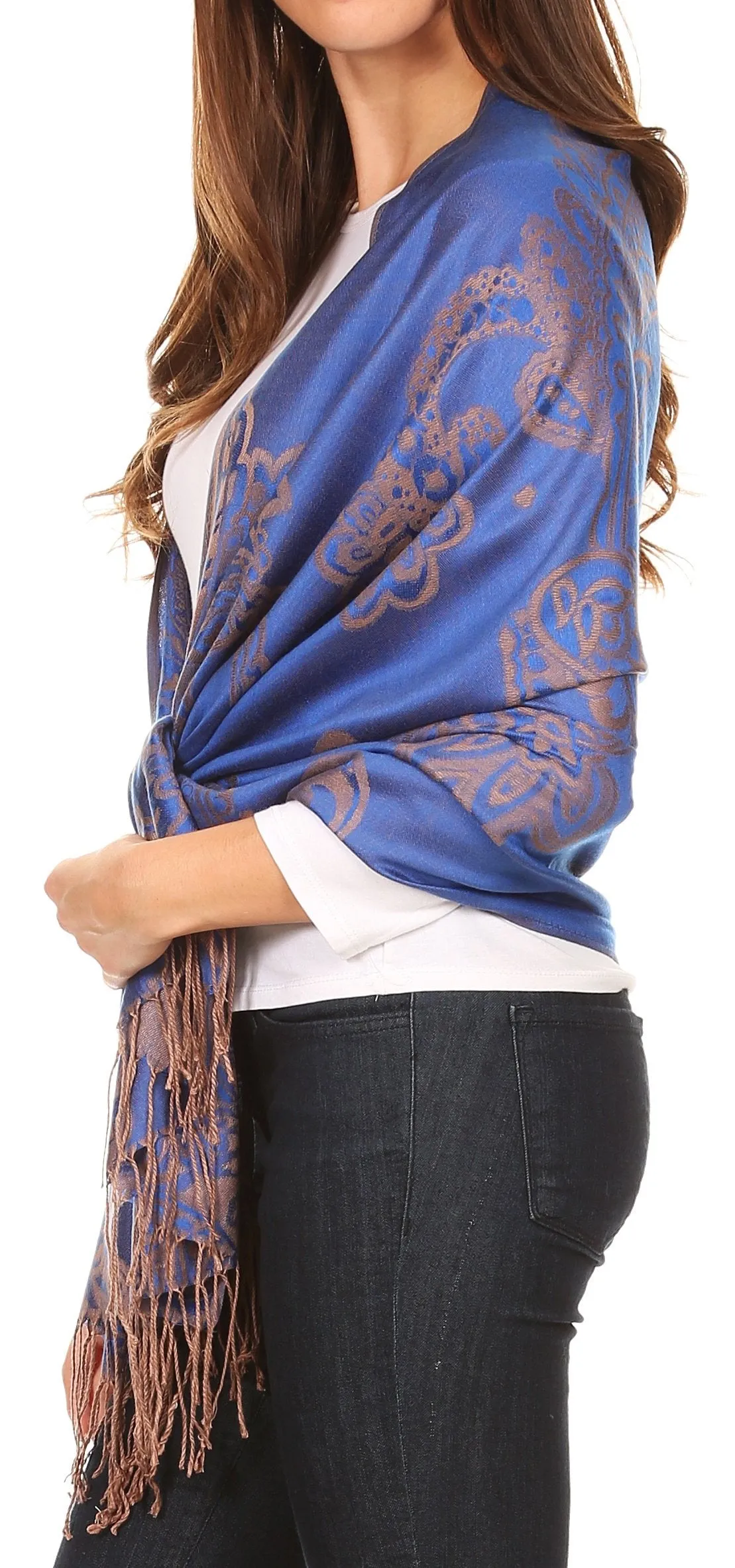 Sakkas Sarah Reversible Silky Soft Brocade Scarf Shawl Stole with Fringe