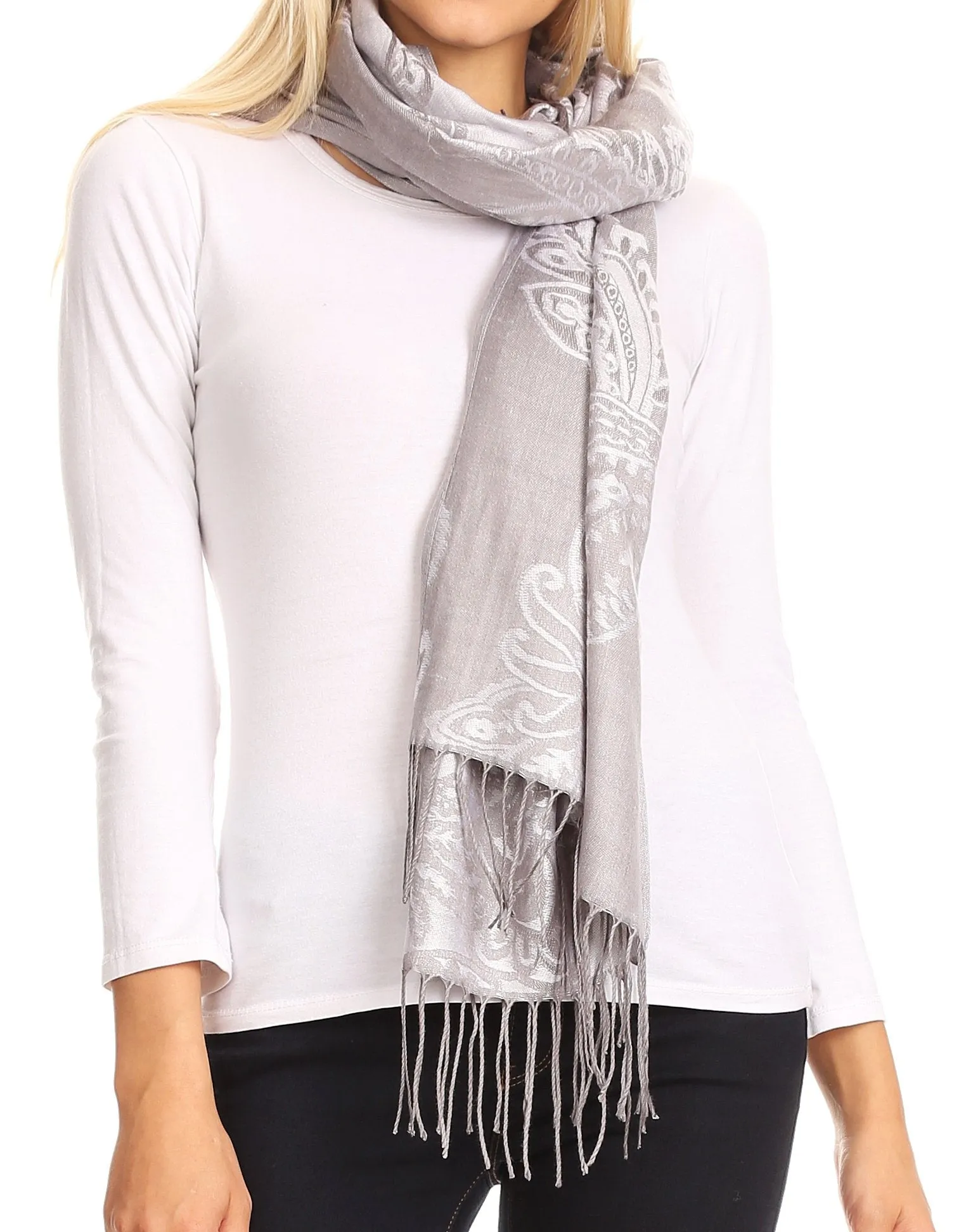 Sakkas Sarah Reversible Silky Soft Brocade Scarf Shawl Stole with Fringe