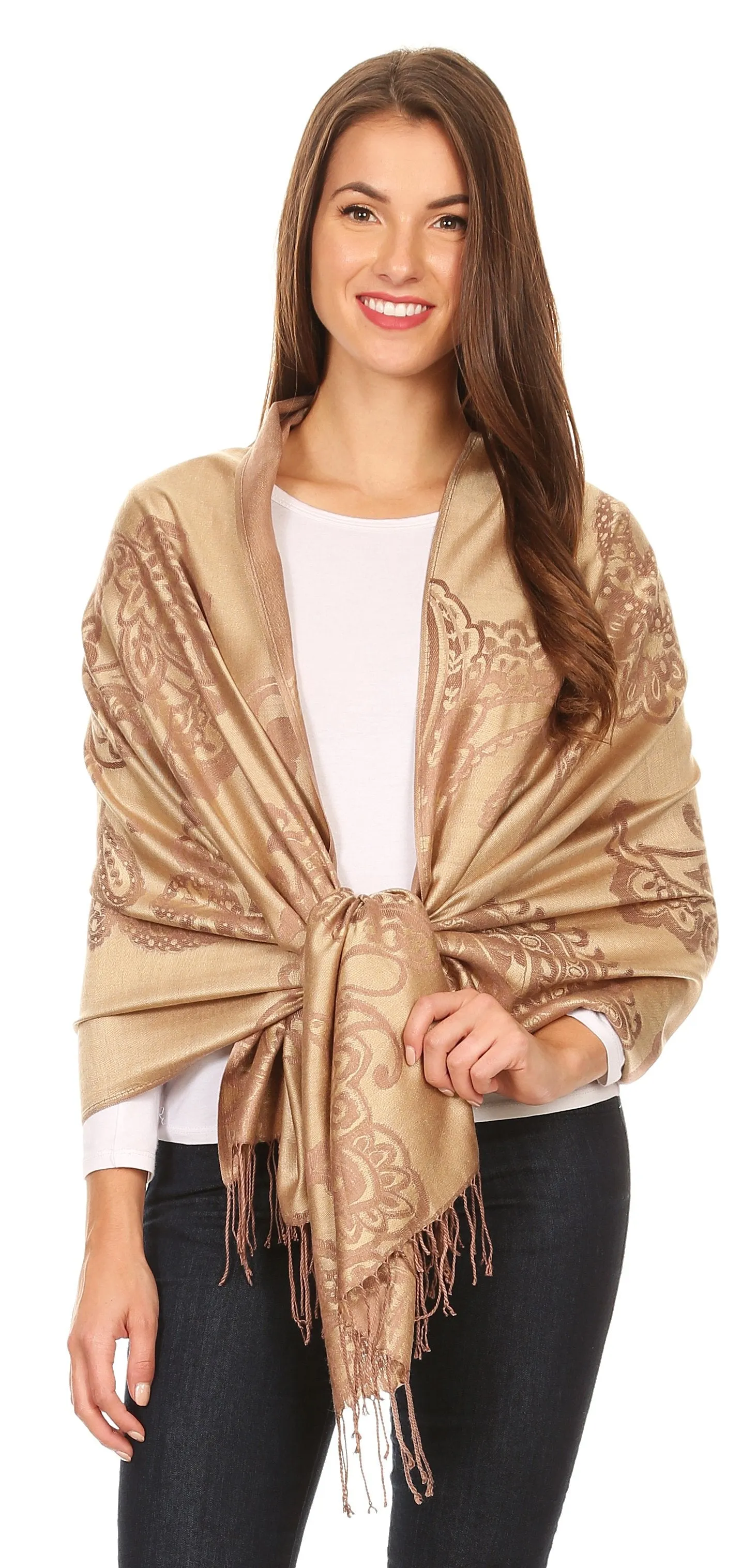 Sakkas Sarah Reversible Silky Soft Brocade Scarf Shawl Stole with Fringe