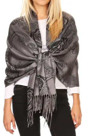 Sakkas Tessa Reversible Rose Brocade Warm Soft Scarf Wrap Stole with Fringe