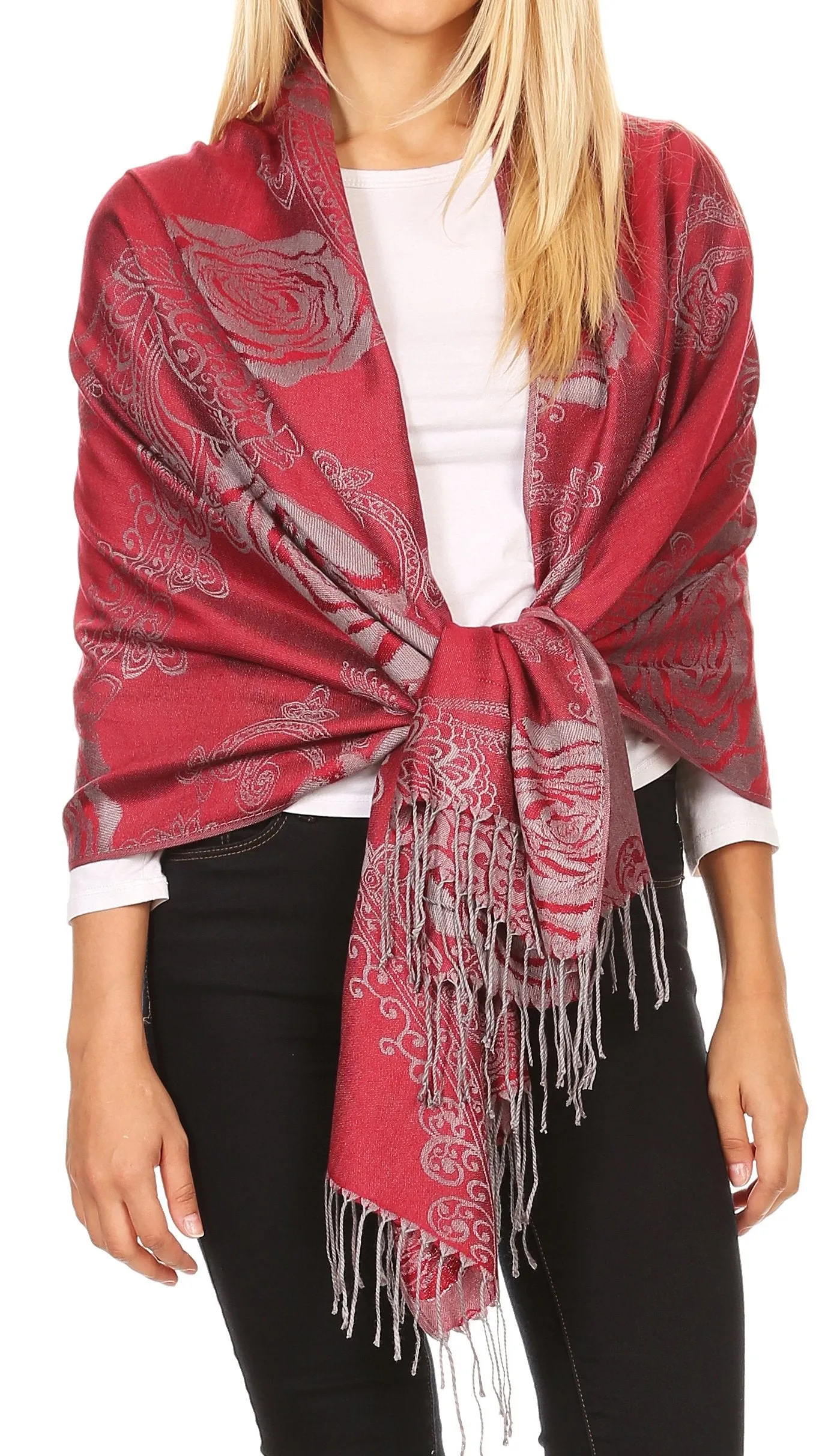 Sakkas Tessa Reversible Rose Brocade Warm Soft Scarf Wrap Stole with Fringe