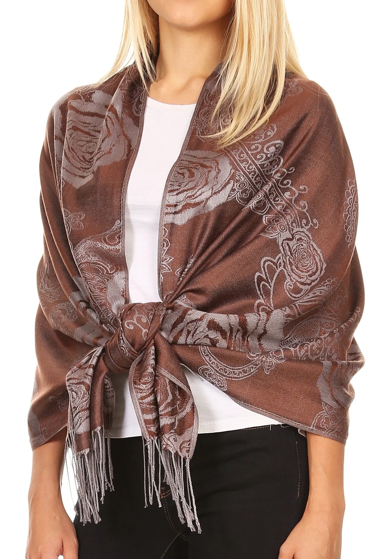 Sakkas Tessa Reversible Rose Brocade Warm Soft Scarf Wrap Stole with Fringe