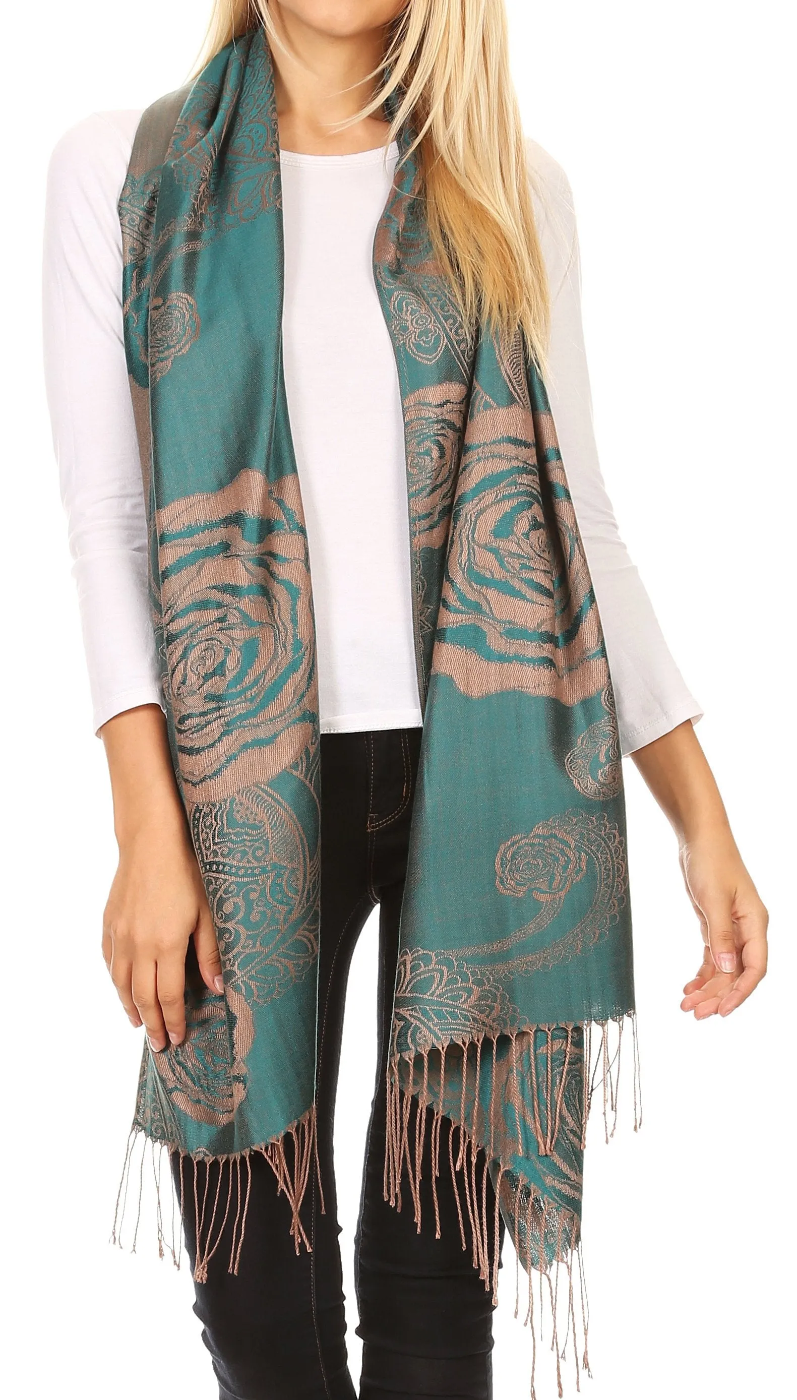 Sakkas Tessa Reversible Rose Brocade Warm Soft Scarf Wrap Stole with Fringe