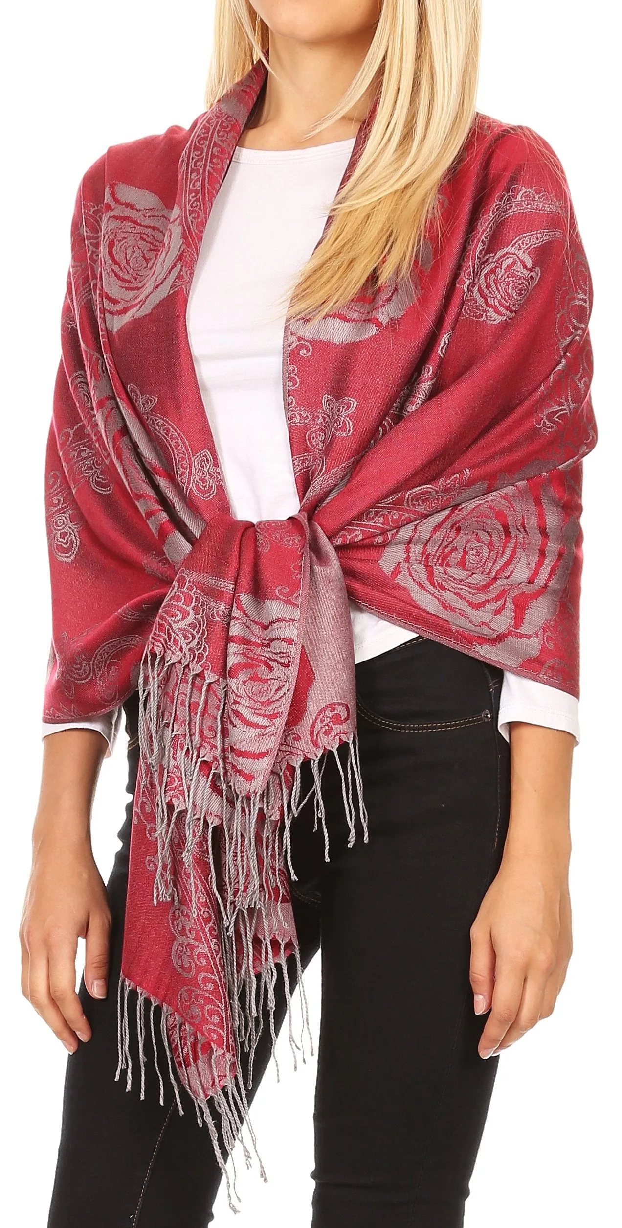 Sakkas Tessa Reversible Rose Brocade Warm Soft Scarf Wrap Stole with Fringe