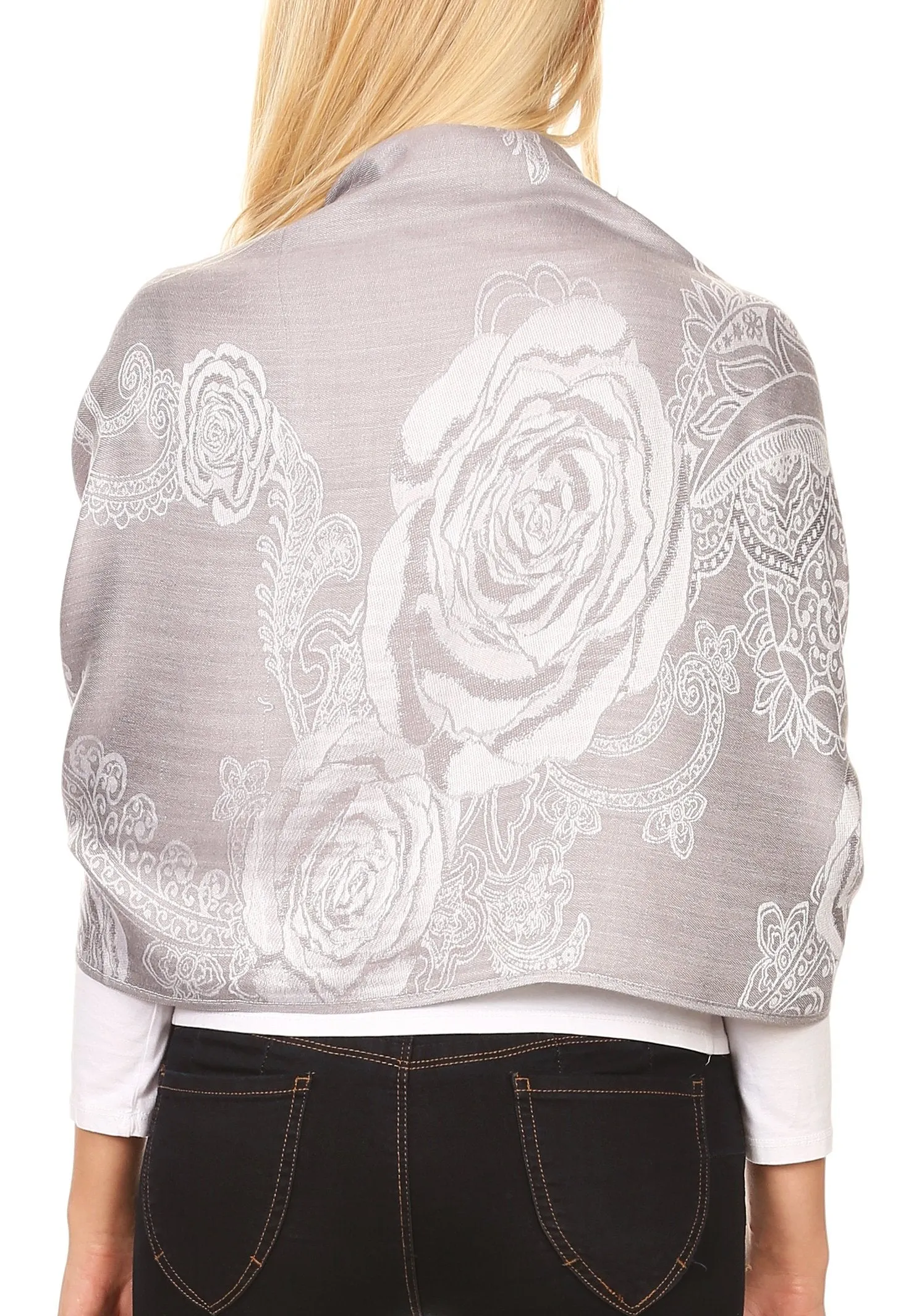 Sakkas Tessa Reversible Rose Brocade Warm Soft Scarf Wrap Stole with Fringe