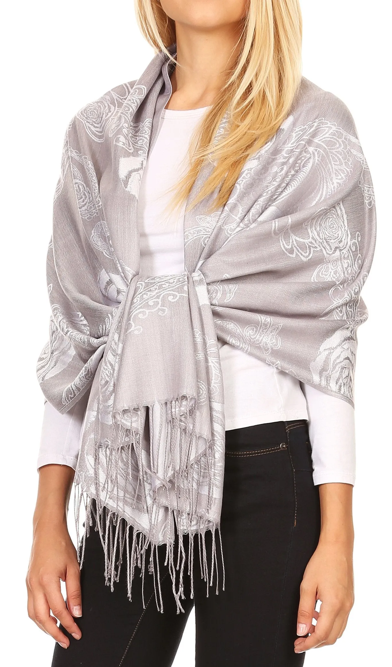 Sakkas Tessa Reversible Rose Brocade Warm Soft Scarf Wrap Stole with Fringe