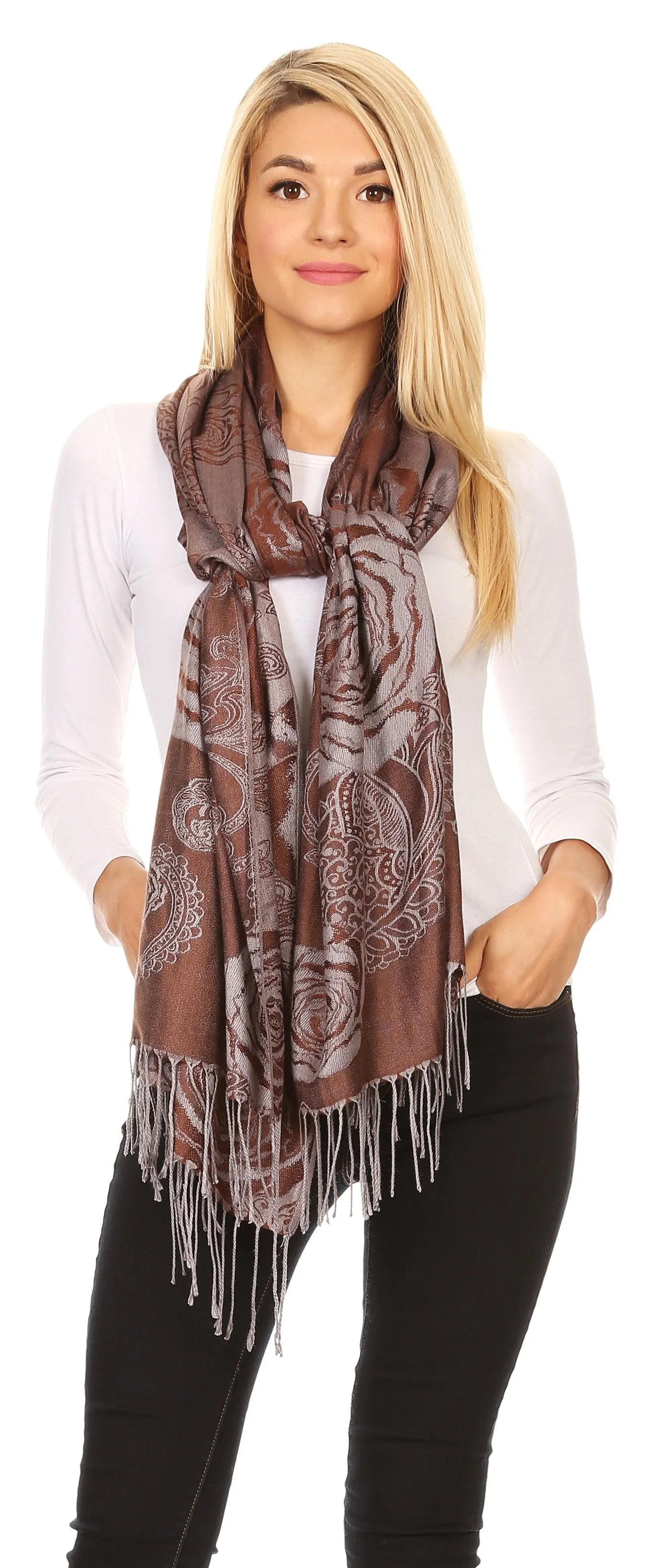 Sakkas Tessa Reversible Rose Brocade Warm Soft Scarf Wrap Stole with Fringe