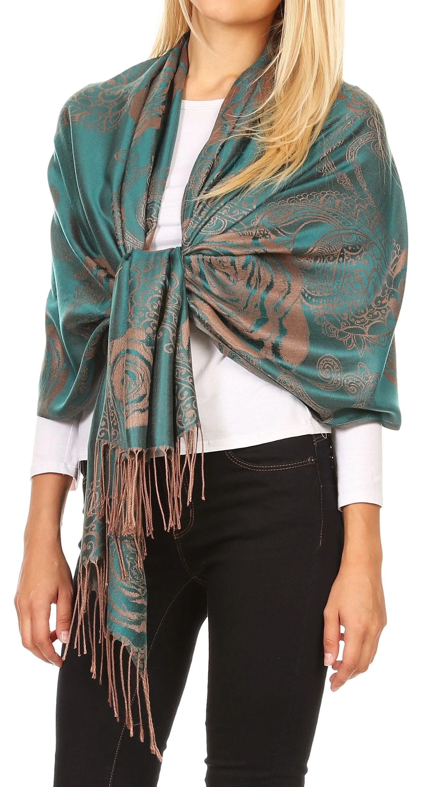 Sakkas Tessa Reversible Rose Brocade Warm Soft Scarf Wrap Stole with Fringe