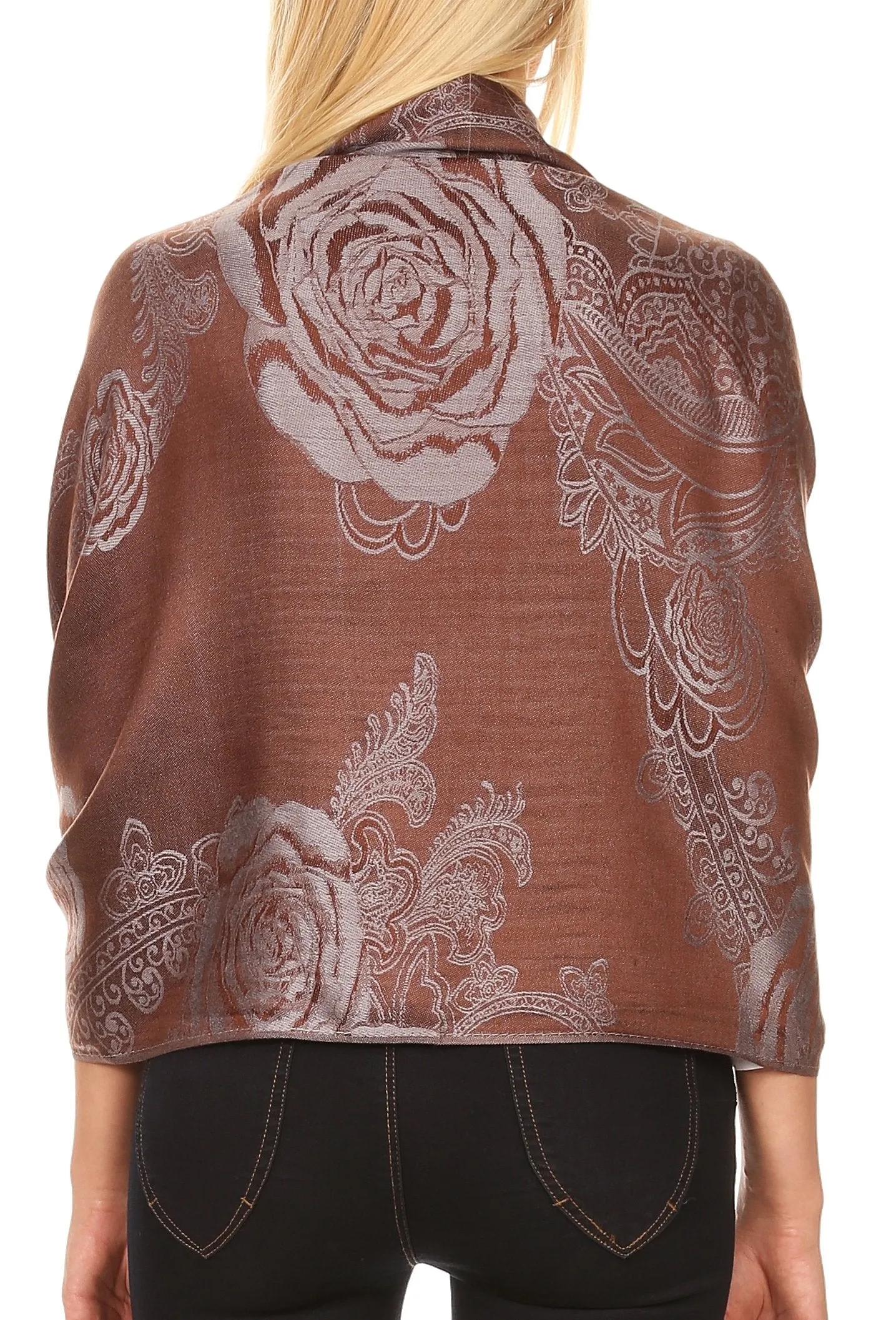 Sakkas Tessa Reversible Rose Brocade Warm Soft Scarf Wrap Stole with Fringe