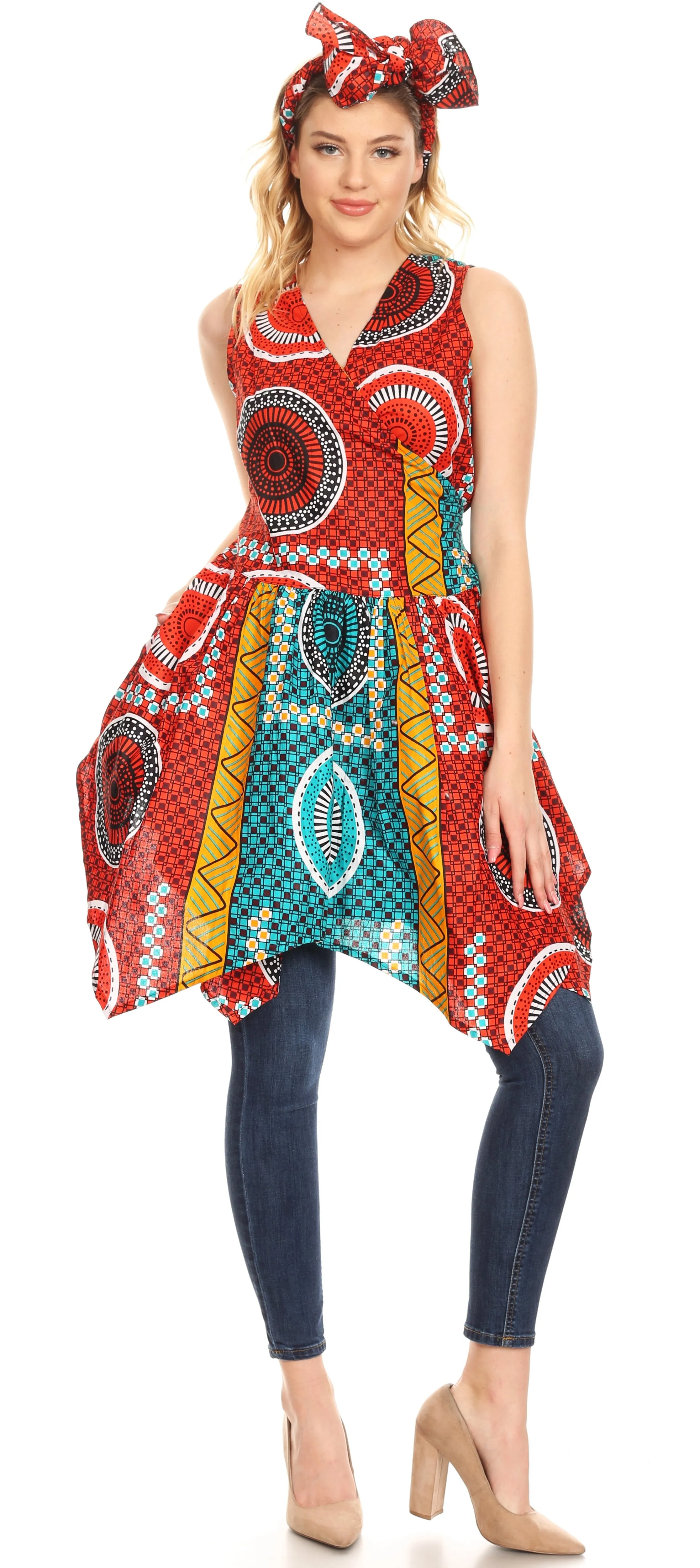 Sakkas Vale Womens African Ankara Sleeveless Short Cocktail Wrap Dress with Pocket