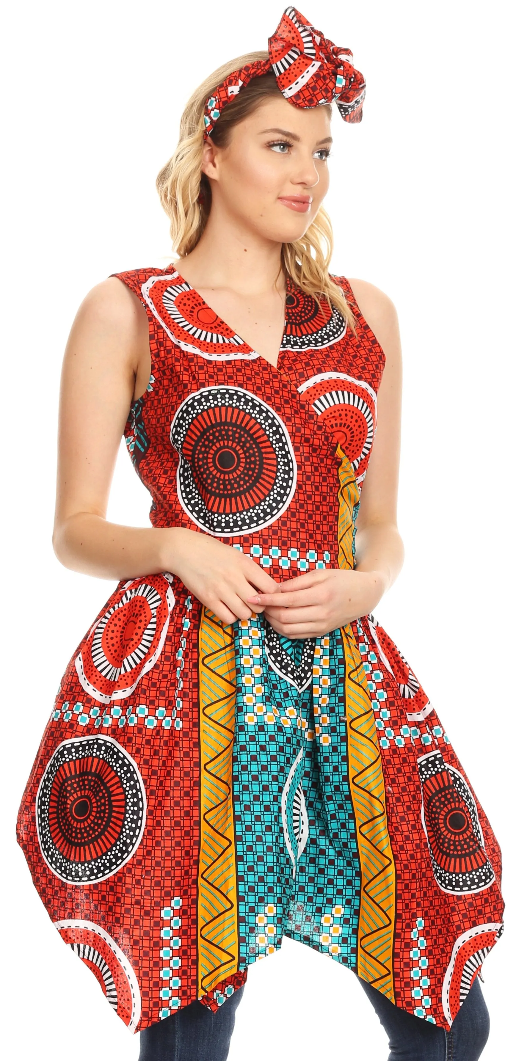 Sakkas Vale Womens African Ankara Sleeveless Short Cocktail Wrap Dress with Pocket