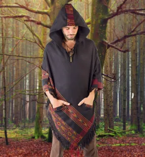 SAMADHI Black Mens Poncho Yak and Acrylic Wool Handmade with Large Hood and pockets Earthy Tribal Pattern Festival AJJAYA Primitive