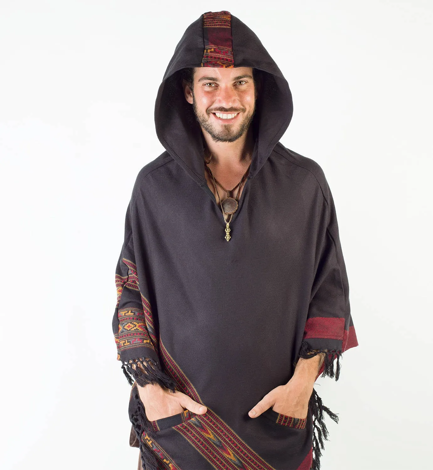 SAMADHI Black Mens Poncho Yak and Acrylic Wool Handmade with Large Hood and pockets Earthy Tribal Pattern Festival AJJAYA Primitive