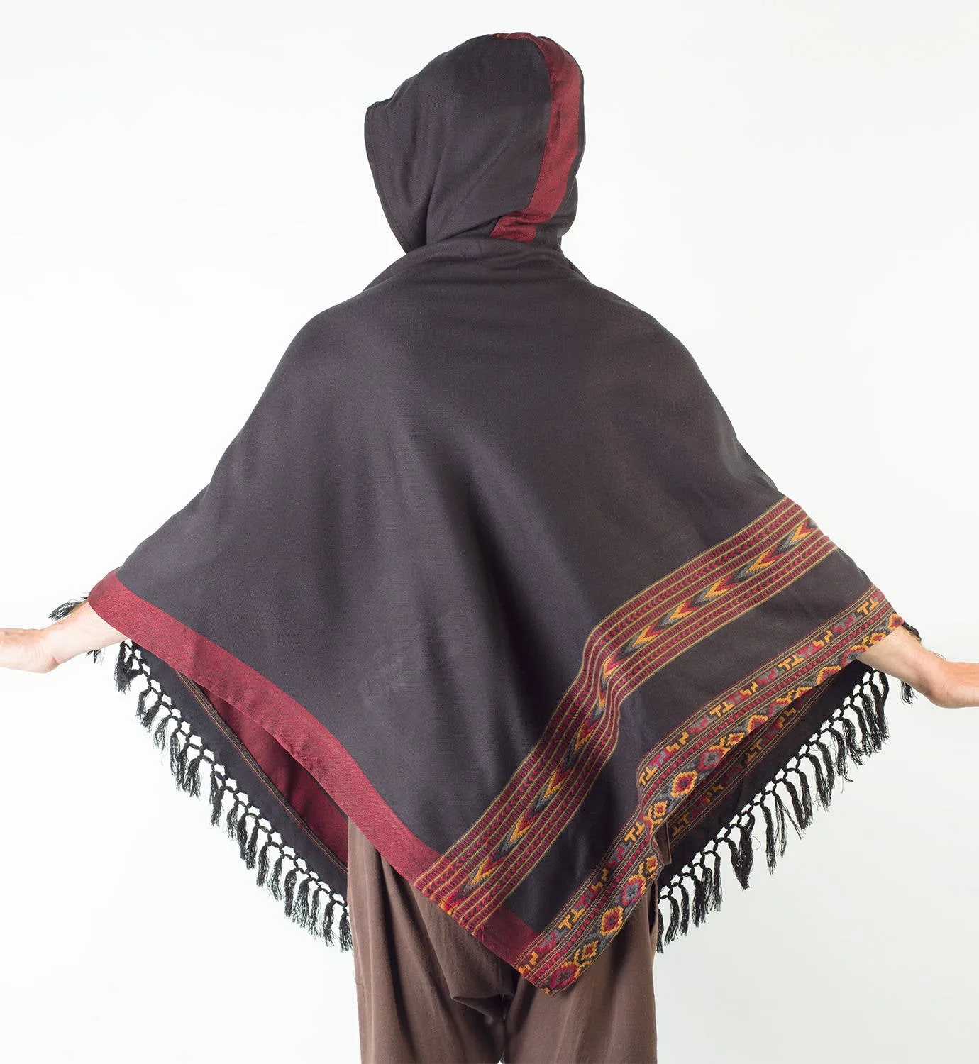 SAMADHI Black Mens Poncho Yak and Acrylic Wool Handmade with Large Hood and pockets Earthy Tribal Pattern Festival AJJAYA Primitive