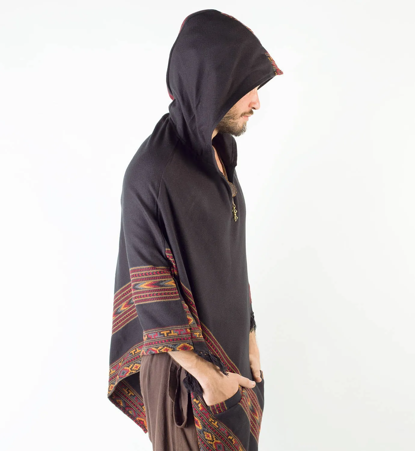 SAMADHI Black Mens Poncho Yak and Acrylic Wool Handmade with Large Hood and pockets Earthy Tribal Pattern Festival AJJAYA Primitive