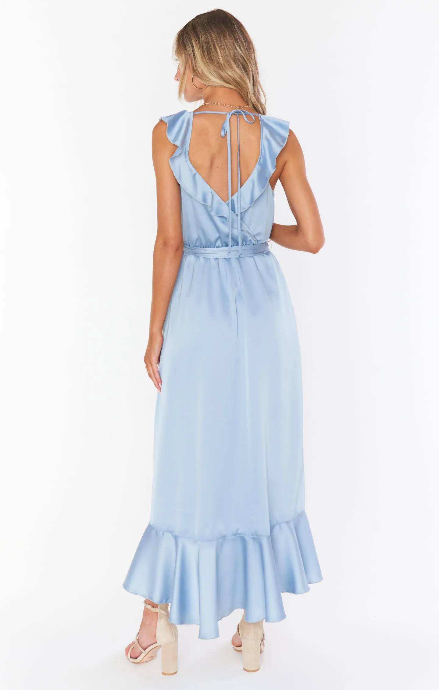 Samantha Ruffle Wrap Dress ~ Steel Blue Luxe Satin