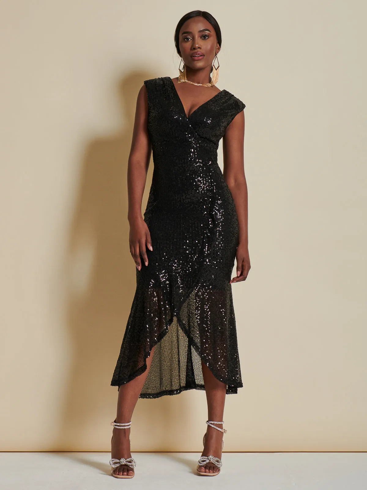 Sequin Wrap Fishtail Maxi Dress, Black