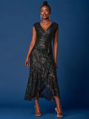 Sequin Wrap Ruffle Hem Maxi Dress, Black Silver