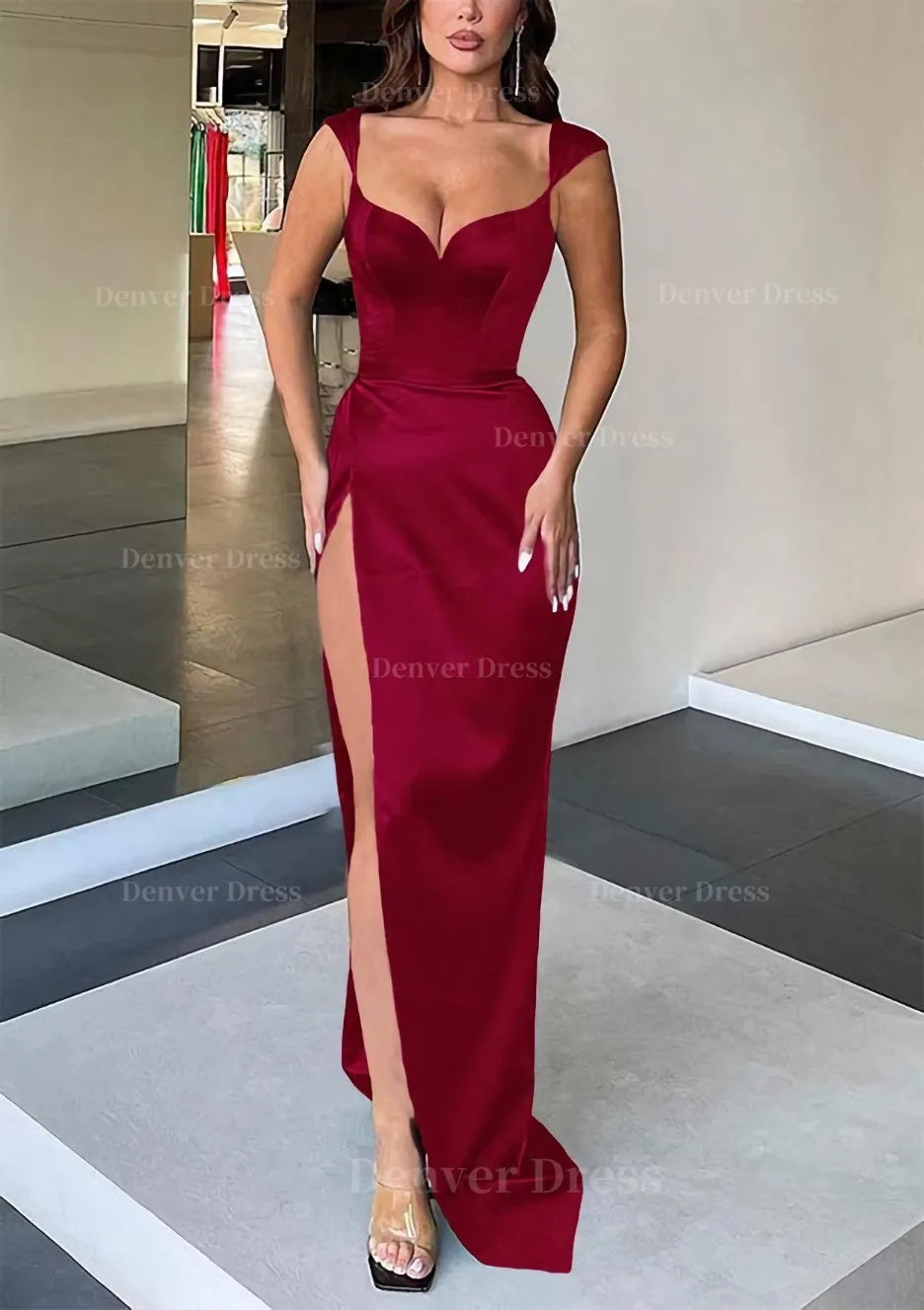 Sheath/Column Sweetheart Sleeveless Long/Floor-Length Satin Evening Dress With Split